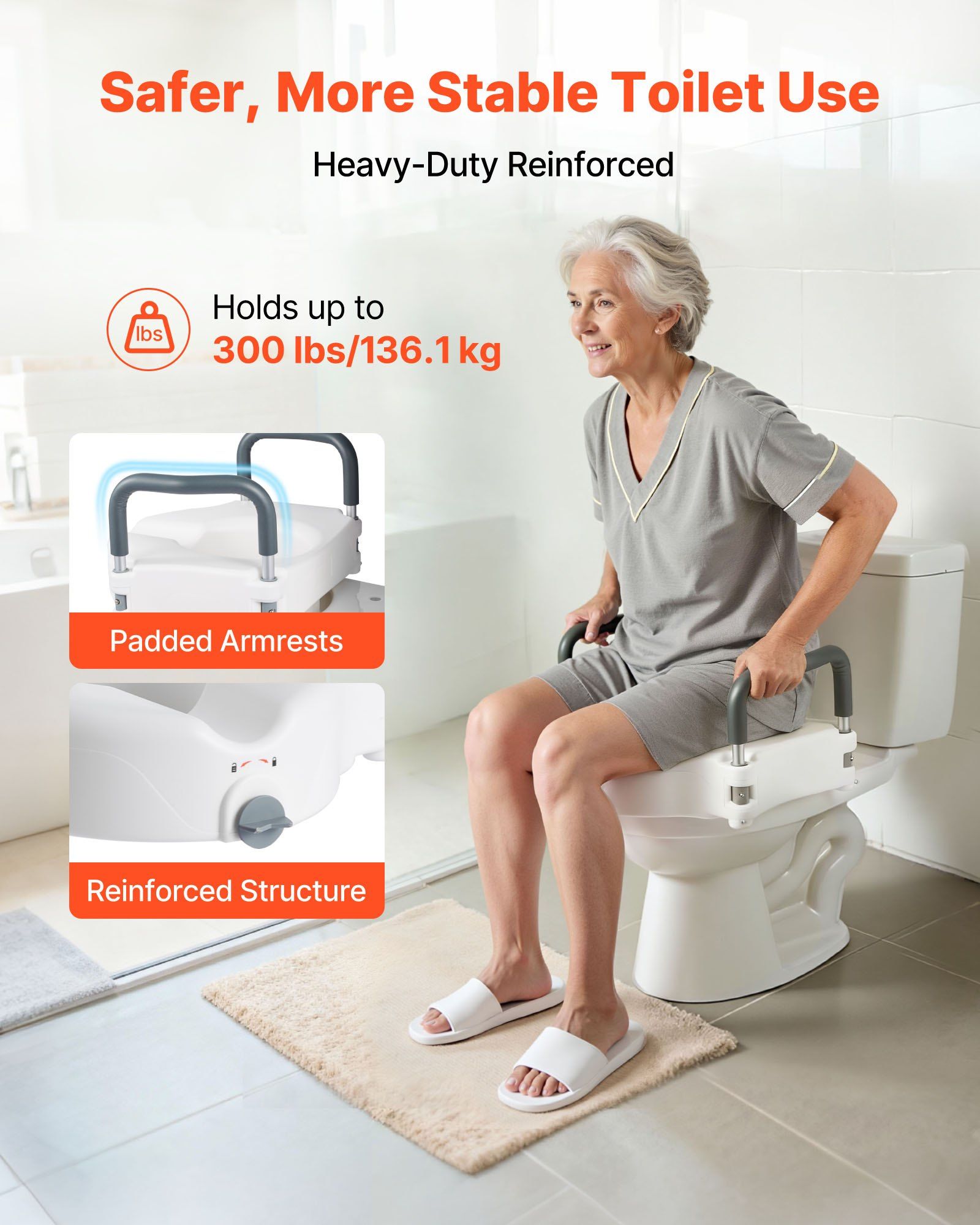 Raised Toilet Seat with Arms, 136.1 kg Load Capacity, 127 mm Lift Height, Widened Commode Elevated Toilet Seat Riser with Padded Handles for Seniors, Elderly, Handicap, Disabled, and Adults Use - Image 4