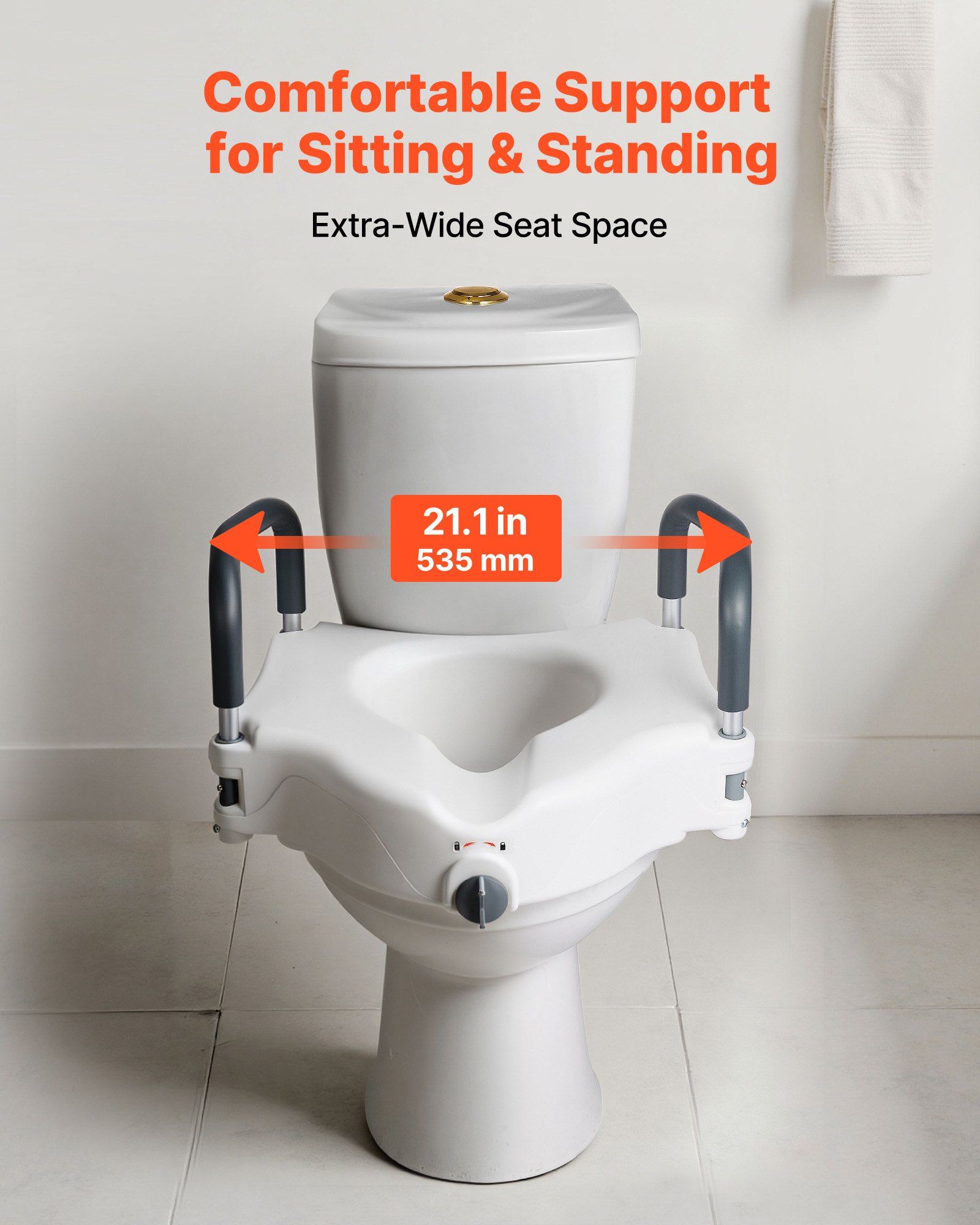 Raised Toilet Seat with Arms, 136.1 kg Load Capacity, 127 mm Lift Height, Widened Commode Elevated Toilet Seat Riser with Padded Handles for Seniors, Elderly, Handicap, Disabled, and Adults Use - Image 5