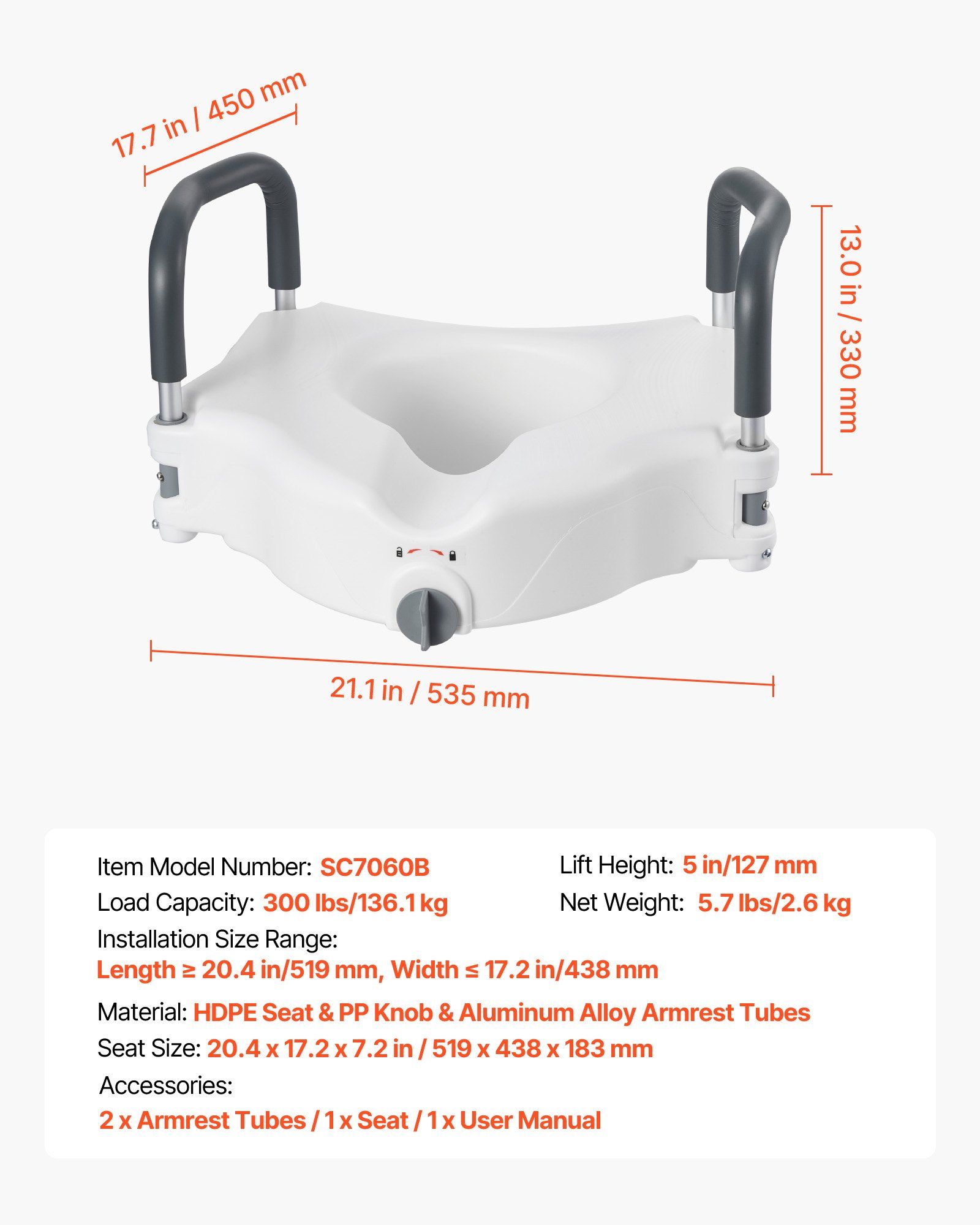 Raised Toilet Seat with Arms, 136.1 kg Load Capacity, 127 mm Lift Height, Widened Commode Elevated Toilet Seat Riser with Padded Handles for Seniors, Elderly, Handicap, Disabled, and Adults Use - Image 7