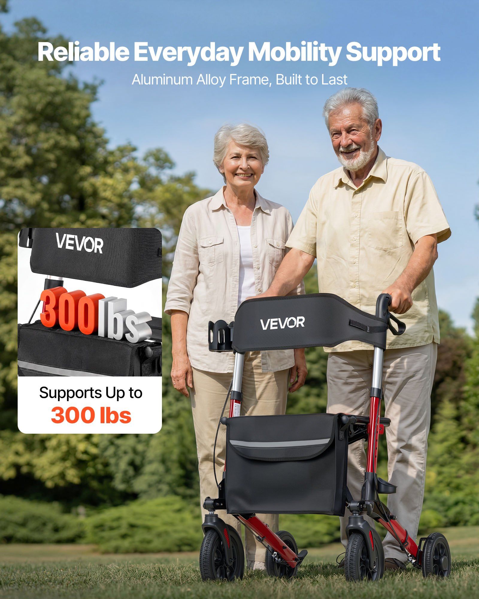 Rollator Walker with Seat for Seniors, Ultra Compact 3-Fold Rolling Walker, Lightweight Aluminum Mobility Walking Aid with PU Solid Wheels, Adjustable Handle, Cup & Cane Holder - Supports 136kg - Image 2