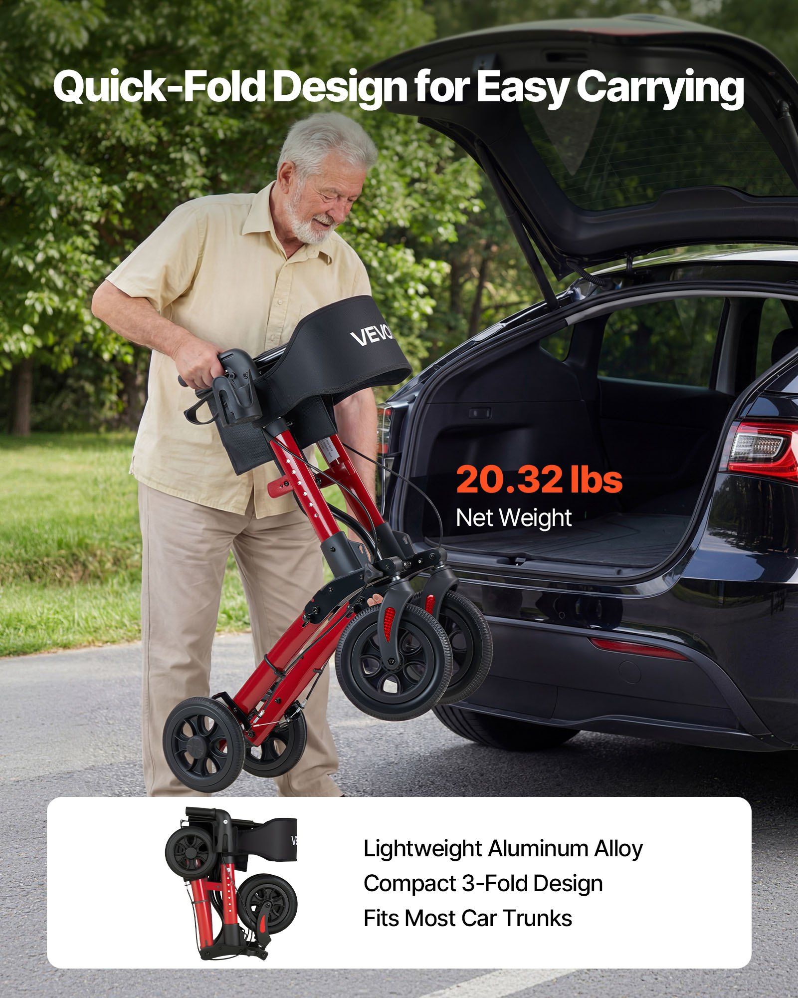 Rollator Walker with Seat for Seniors, Ultra Compact 3-Fold Rolling Walker, Lightweight Aluminum Mobility Walking Aid with PU Solid Wheels, Adjustable Handle, Cup & Cane Holder - Supports 136kg - Image 4