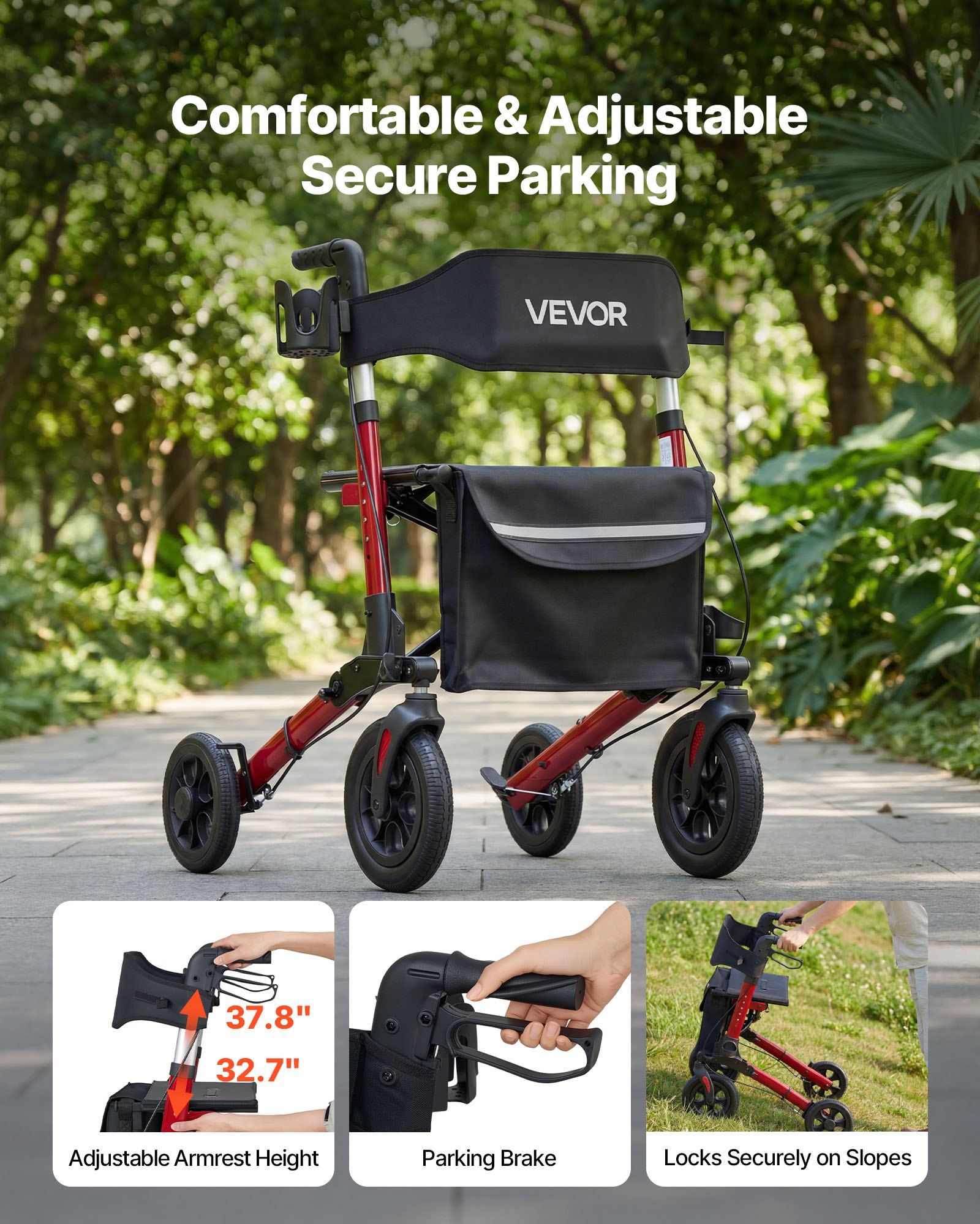 Rollator Walker with Seat for Seniors, Ultra Compact 3-Fold Rolling Walker, Lightweight Aluminum Mobility Walking Aid with PU Solid Wheels, Adjustable Handle, Cup & Cane Holder - Supports 136kg - Image 5