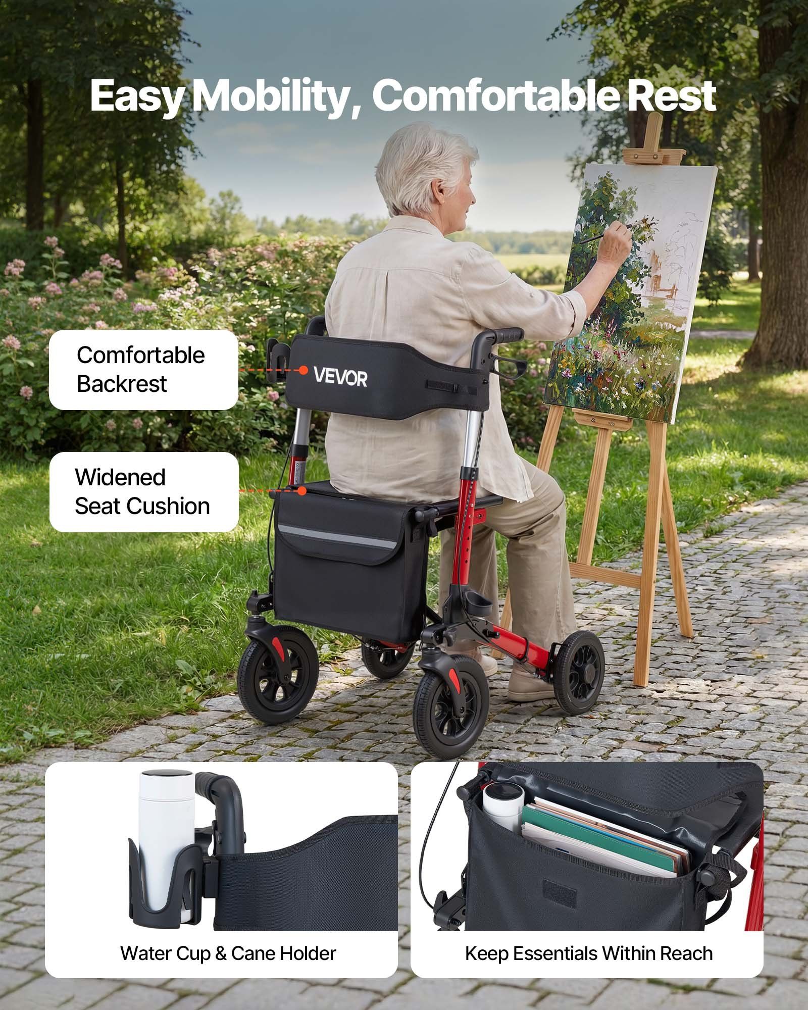 Rollator Walker with Seat for Seniors, Ultra Compact 3-Fold Rolling Walker, Lightweight Aluminum Mobility Walking Aid with PU Solid Wheels, Adjustable Handle, Cup & Cane Holder - Supports 136kg - Image 6
