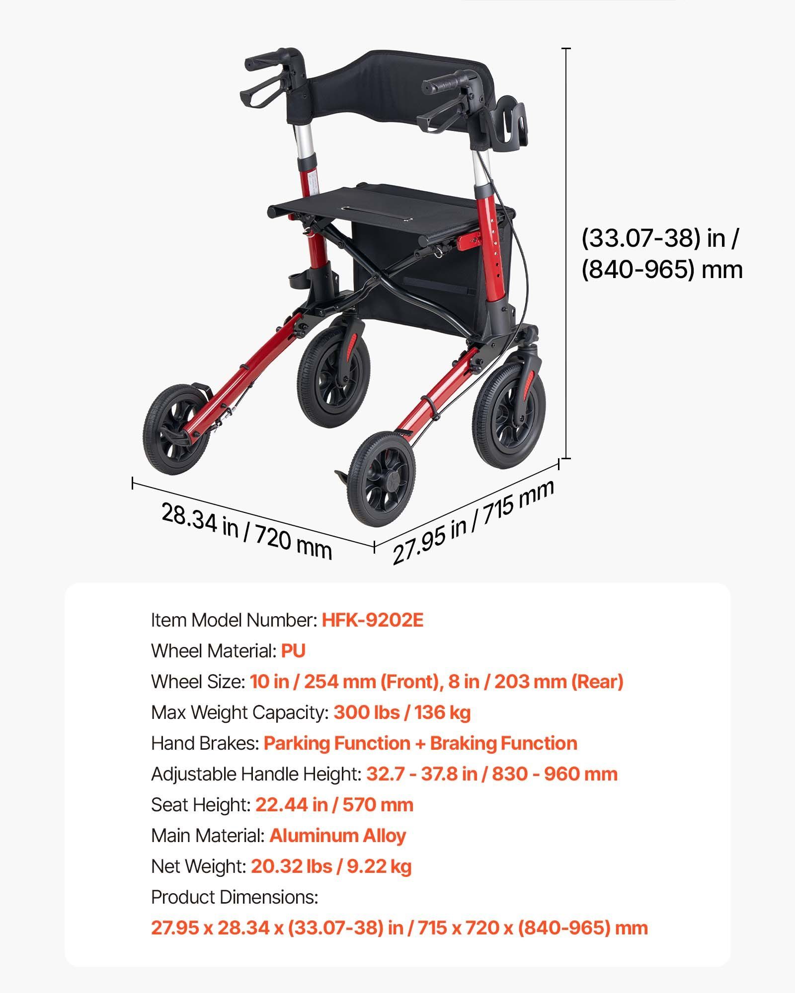 Rollator Walker with Seat for Seniors, Ultra Compact 3-Fold Rolling Walker, Lightweight Aluminum Mobility Walking Aid with PU Solid Wheels, Adjustable Handle, Cup & Cane Holder - Supports 136kg - Image 7
