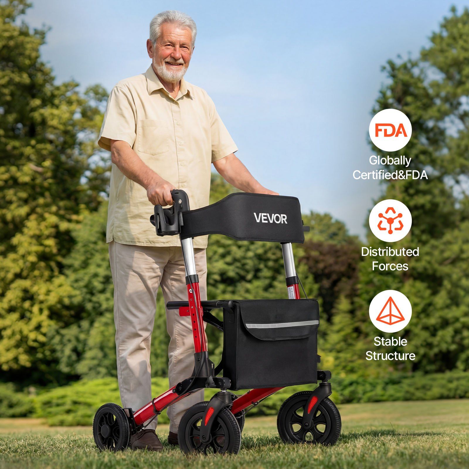 Rollator Walker with Seat for Seniors, Ultra Compact 3-Fold Rolling Walker, Lightweight Aluminum Mobility Walking Aid with PU Solid Wheels, Adjustable Handle, Cup & Cane Holder - Supports 136kg - Image 8