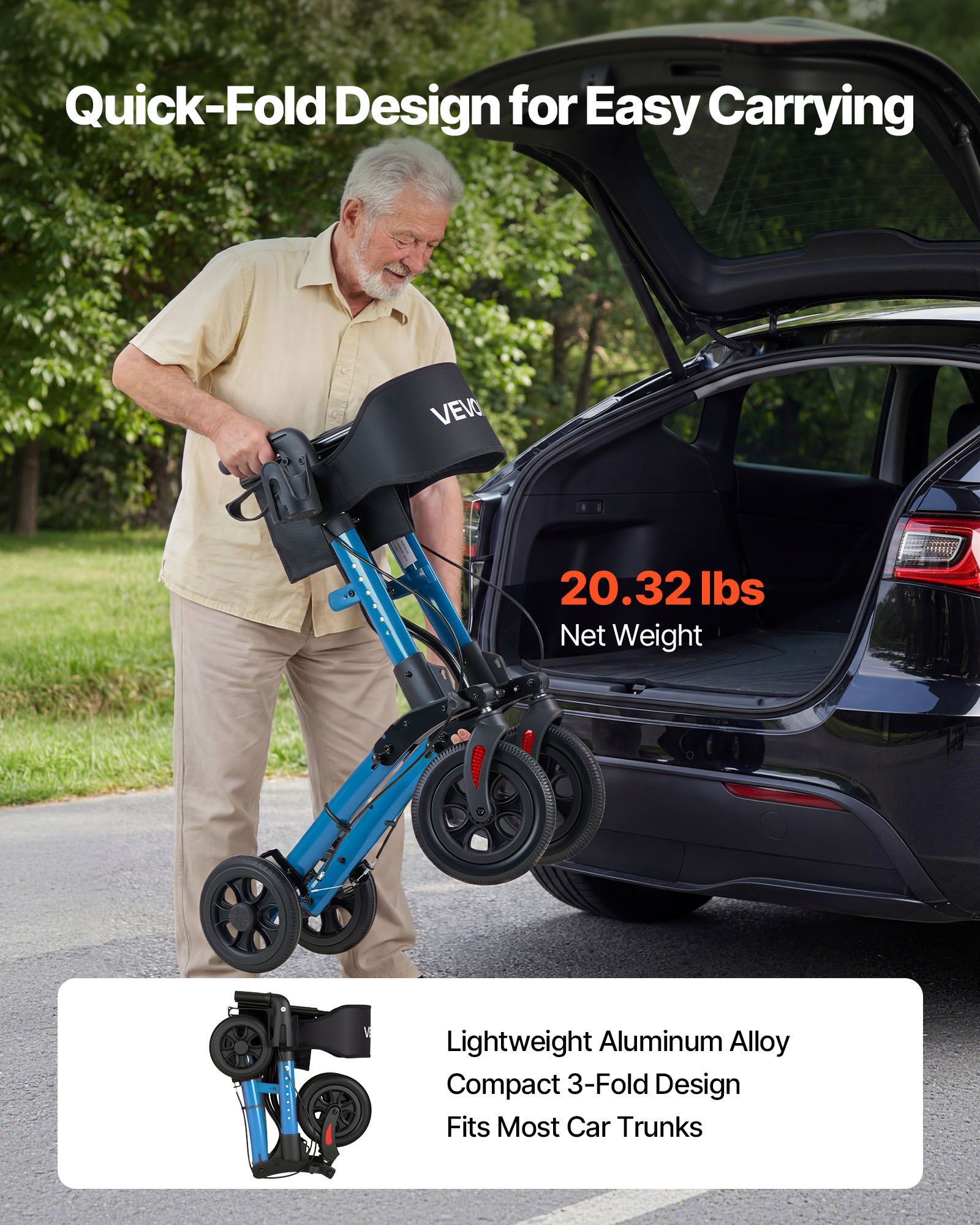 Rollator Walker with Seat for Seniors, Ultra Compact 3-Fold Rolling Walker, Lightweight Aluminum Mobility Walking Aid with PU Solid Wheels, Adjustable Handle, Cup & Cane Holder - Supports 136kg - Image 4