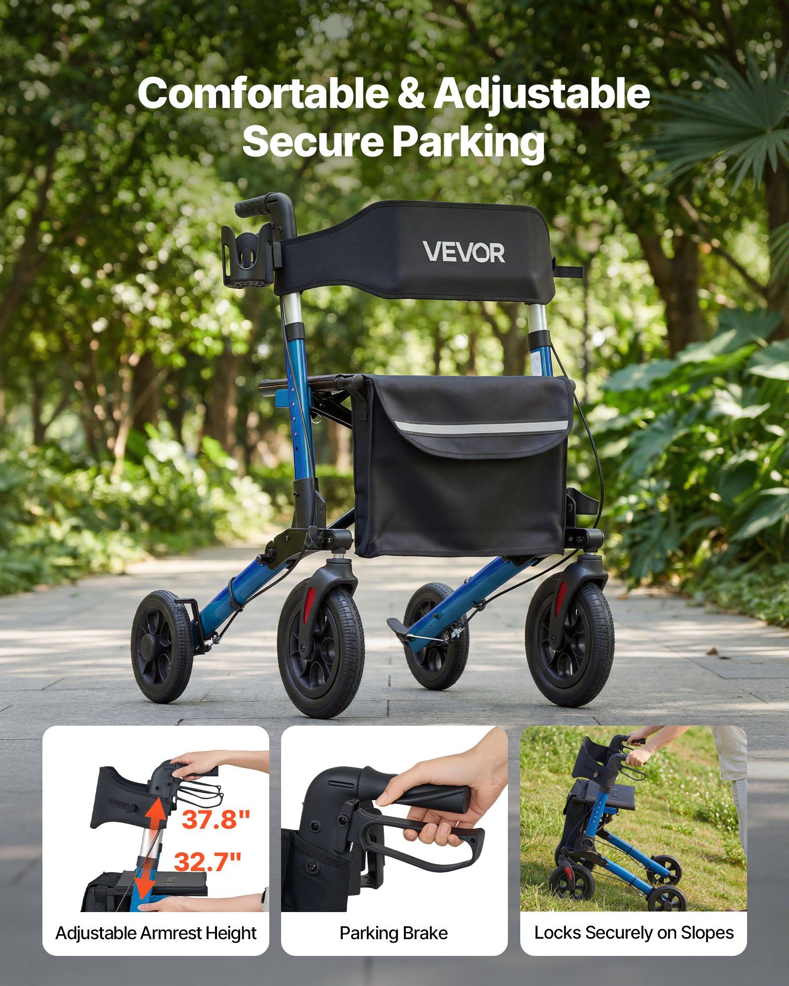 Rollator Walker with Seat for Seniors, Ultra Compact 3-Fold Rolling Walker, Lightweight Aluminum Mobility Walking Aid with PU Solid Wheels, Adjustable Handle, Cup & Cane Holder - Supports 136kg - Image 5