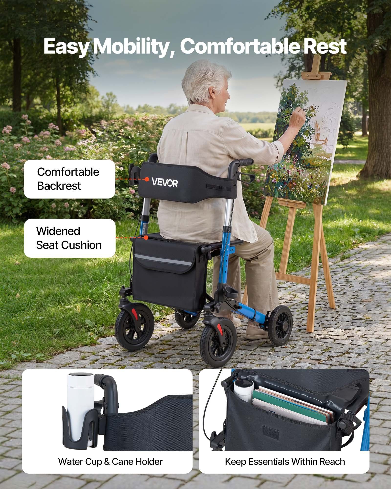 Rollator Walker with Seat for Seniors, Ultra Compact 3-Fold Rolling Walker, Lightweight Aluminum Mobility Walking Aid with PU Solid Wheels, Adjustable Handle, Cup & Cane Holder - Supports 136kg - Image 6