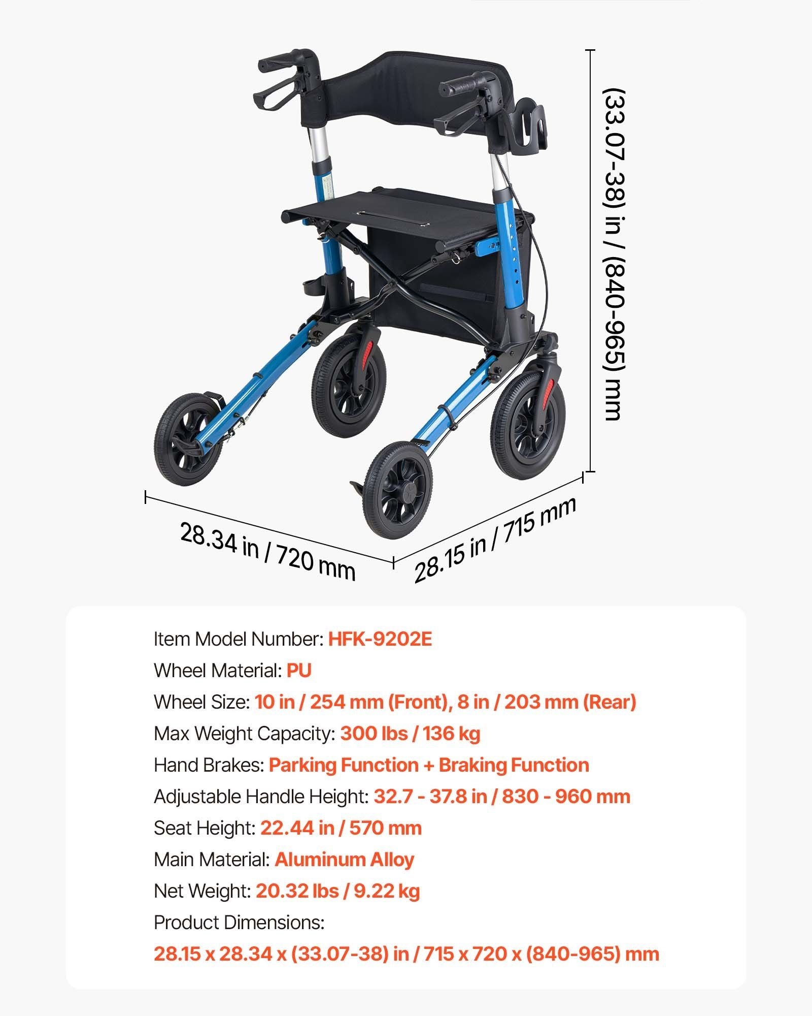 Rollator Walker with Seat for Seniors, Ultra Compact 3-Fold Rolling Walker, Lightweight Aluminum Mobility Walking Aid with PU Solid Wheels, Adjustable Handle, Cup & Cane Holder - Supports 136kg - Image 7