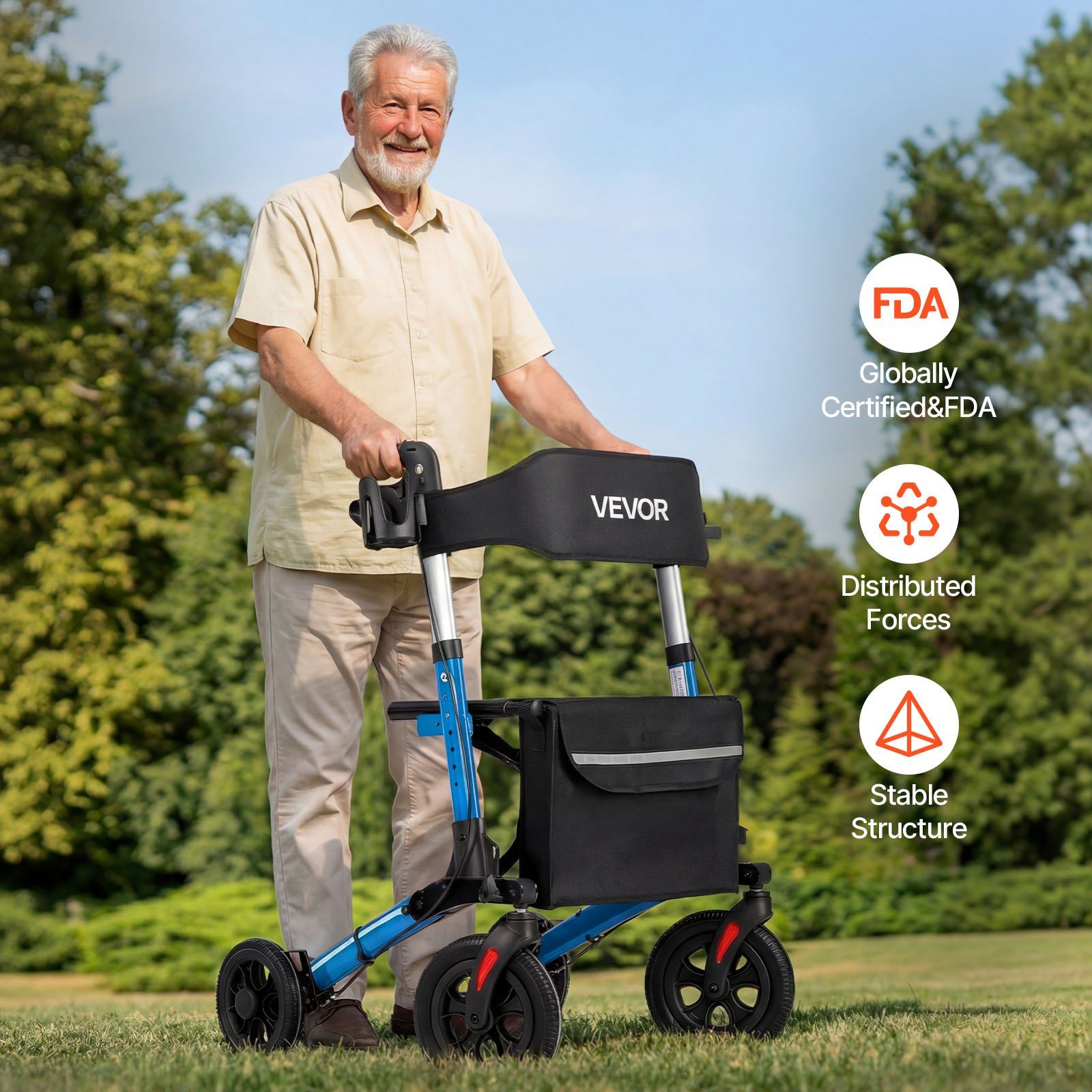 Rollator Walker with Seat for Seniors, Ultra Compact 3-Fold Rolling Walker, Lightweight Aluminum Mobility Walking Aid with PU Solid Wheels, Adjustable Handle, Cup & Cane Holder - Supports 136kg - Image 8