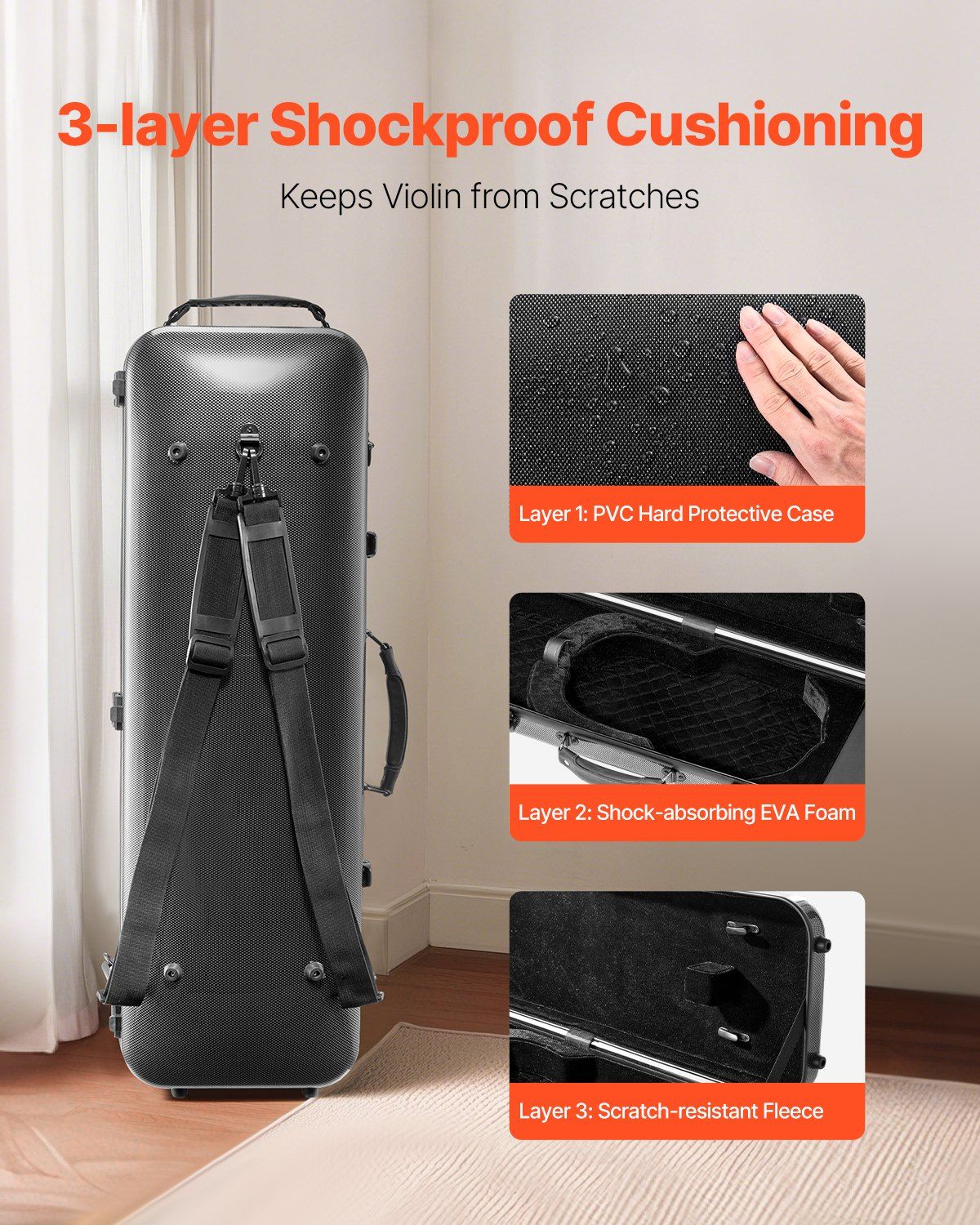 4/4 Full Size Violin Case, Built-in Hygrometer, Lightweight Portable Travel Carrying Bag, with Plush Lining, Shoulder Straps, Anti-Scratch, Professional Oblong Shape, for Violin, Black - Image 2