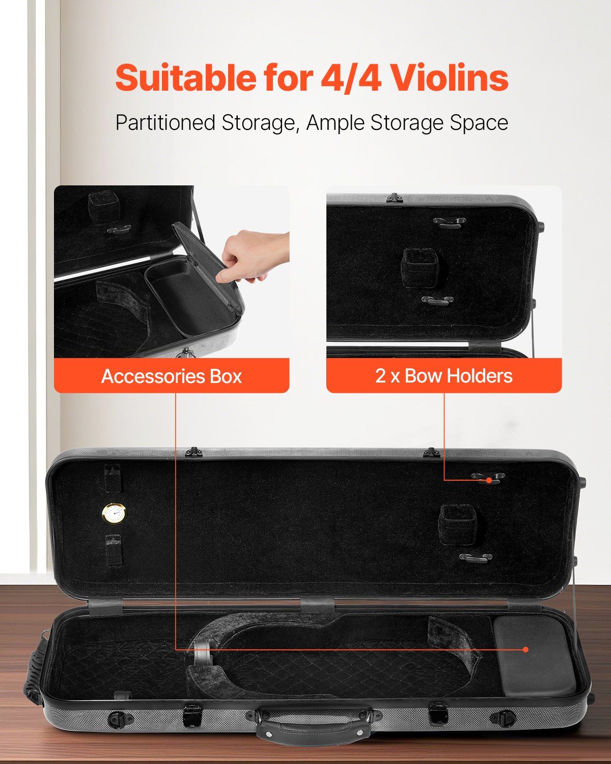 4/4 Full Size Violin Case, Built-in Hygrometer, Lightweight Portable Travel Carrying Bag, with Plush Lining, Shoulder Straps, Anti-Scratch, Professional Oblong Shape, for Violin, Black - Image 3