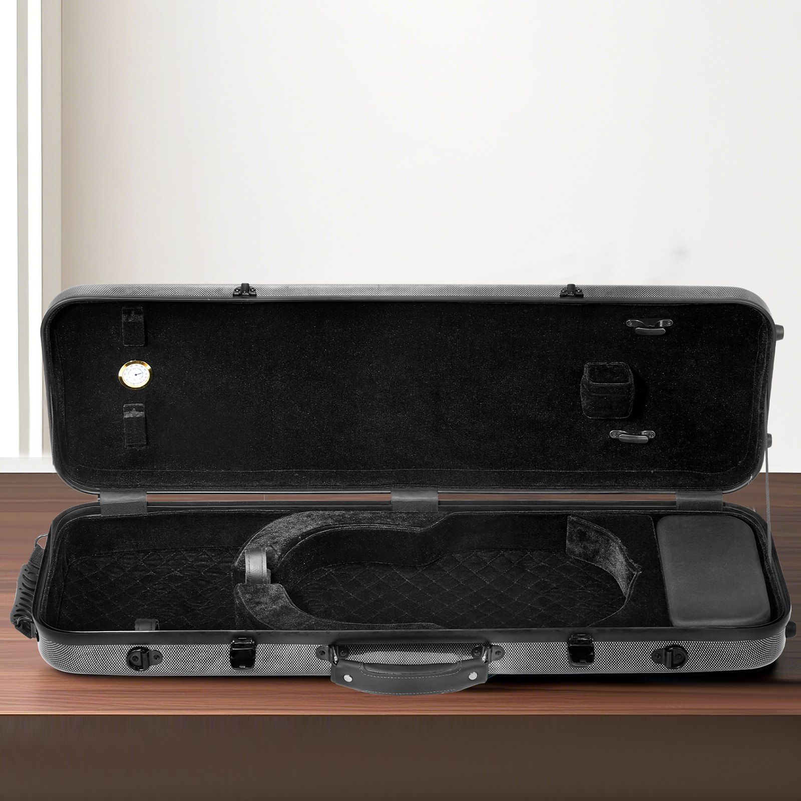 4/4 Full Size Violin Case, Built-in Hygrometer, Lightweight Portable Travel Carrying Bag, with Plush Lining, Shoulder Straps, Anti-Scratch, Professional Oblong Shape, for Violin, Black - Image 8