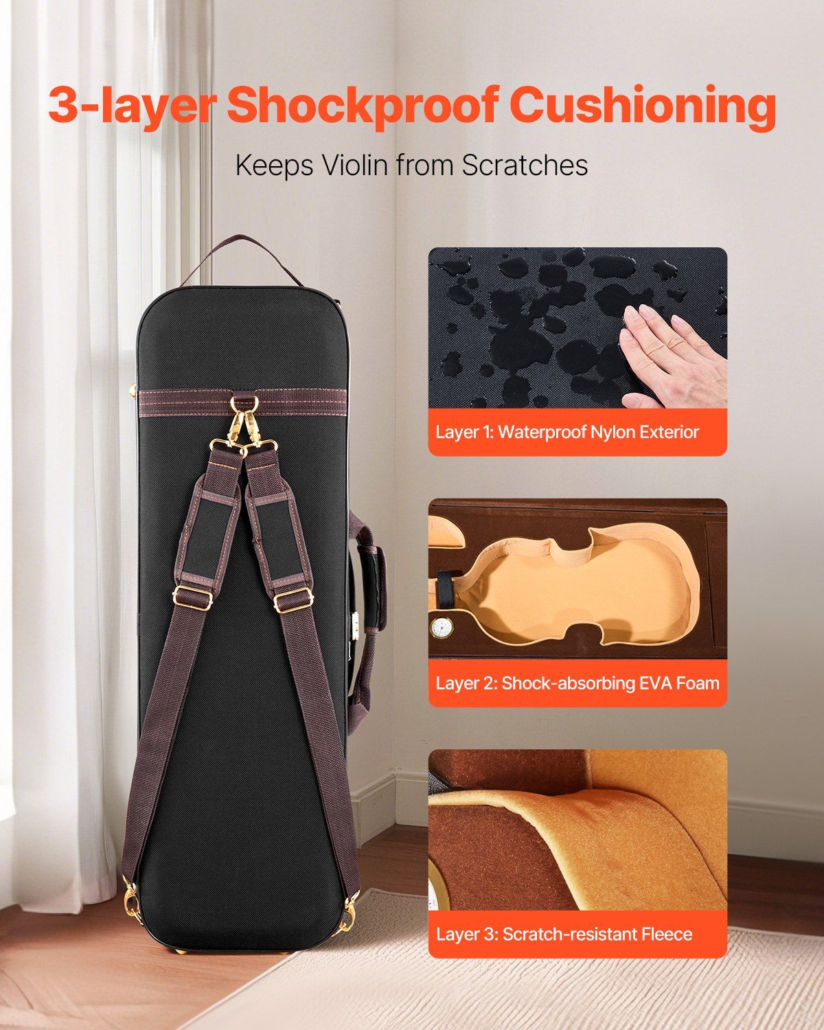 4/4 Full Size Violin Case, Built-in Hygrometer, Lightweight Portable Travel Carrying Bag, with Plush Lining, Shoulder Straps, Anti-Scratch, Professional Oblong Shape, for Violin, Black - Image 2