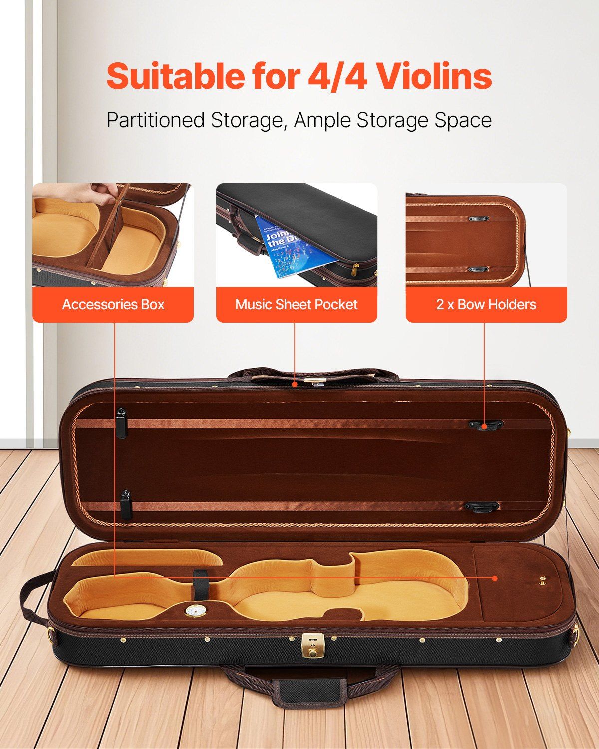 4/4 Full Size Violin Case, Built-in Hygrometer, Lightweight Portable Travel Carrying Bag, with Plush Lining, Shoulder Straps, Anti-Scratch, Professional Oblong Shape, for Violin, Black - Image 3