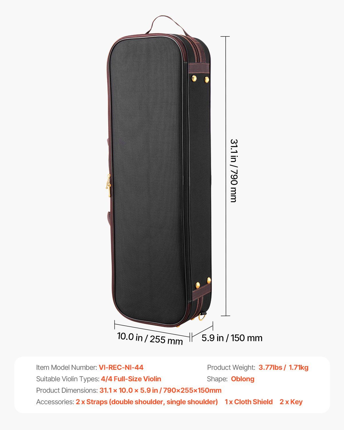 4/4 Full Size Violin Case, Built-in Hygrometer, Lightweight Portable Travel Carrying Bag, with Plush Lining, Shoulder Straps, Anti-Scratch, Professional Oblong Shape, for Violin, Black - Image 7