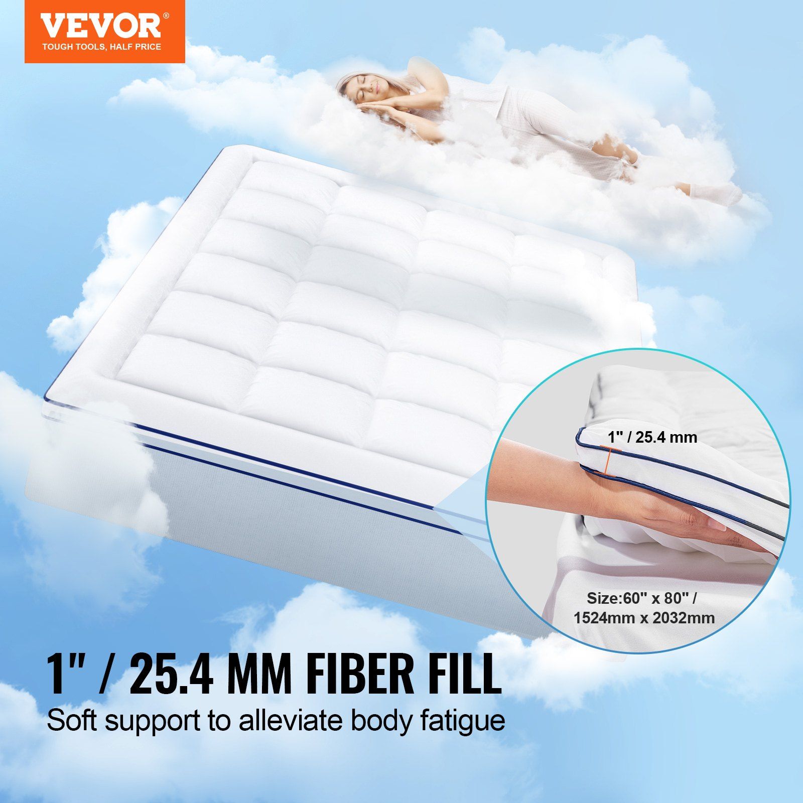 Mattress Topper, Queen Size, 25.4 mm Thickness, Fiber Fill Pad with Detachable & Washable, Comfortable, Supportive, Cooling, Breathable, with Detachable Bedside Pocket for Holding Small Items - Image 2