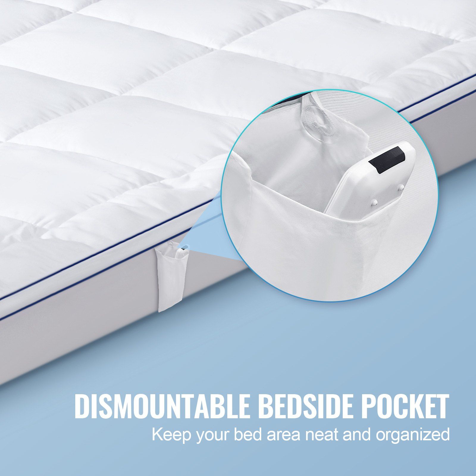 Mattress Topper, Queen Size, 25.4 mm Thickness, Fiber Fill Pad with Detachable & Washable, Comfortable, Supportive, Cooling, Breathable, with Detachable Bedside Pocket for Holding Small Items - Image 4