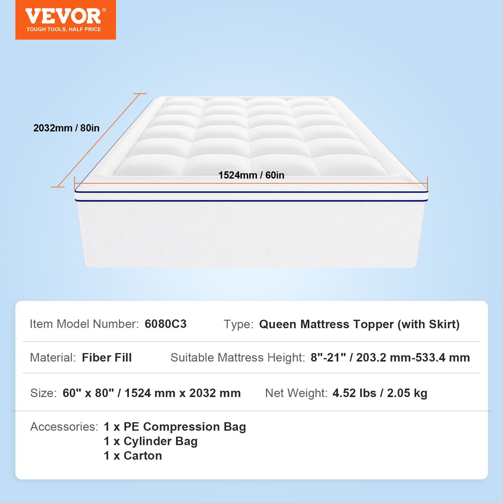 Mattress Topper, Queen Size, 25.4 mm Thickness, Fiber Fill Pad with Detachable & Washable, Comfortable, Supportive, Cooling, Breathable, with Detachable Bedside Pocket for Holding Small Items - Image 7