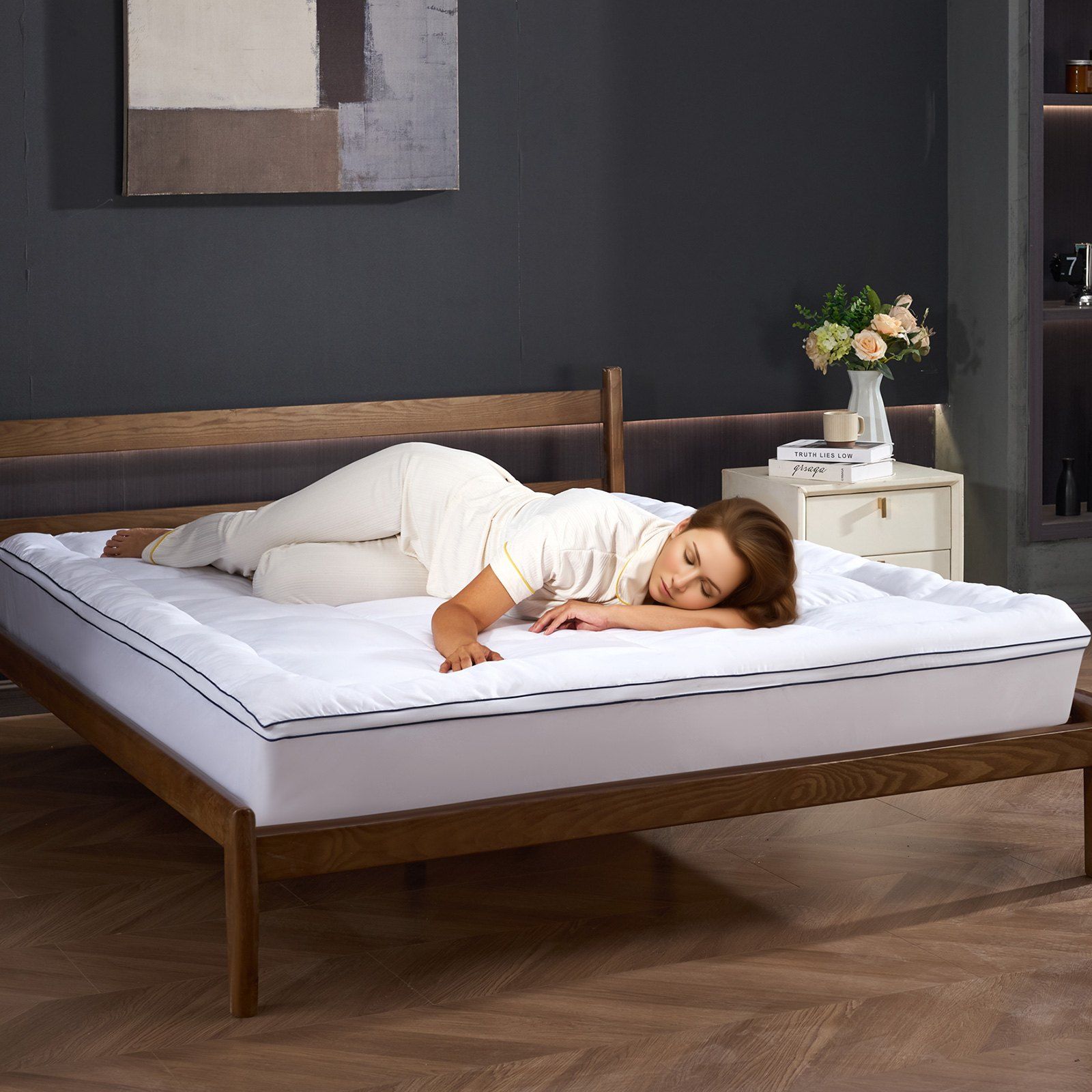 Mattress Topper, Queen Size, 25.4 mm Thickness, Fiber Fill Pad with Detachable & Washable, Comfortable, Supportive, Cooling, Breathable, with Detachable Bedside Pocket for Holding Small Items - Image 8