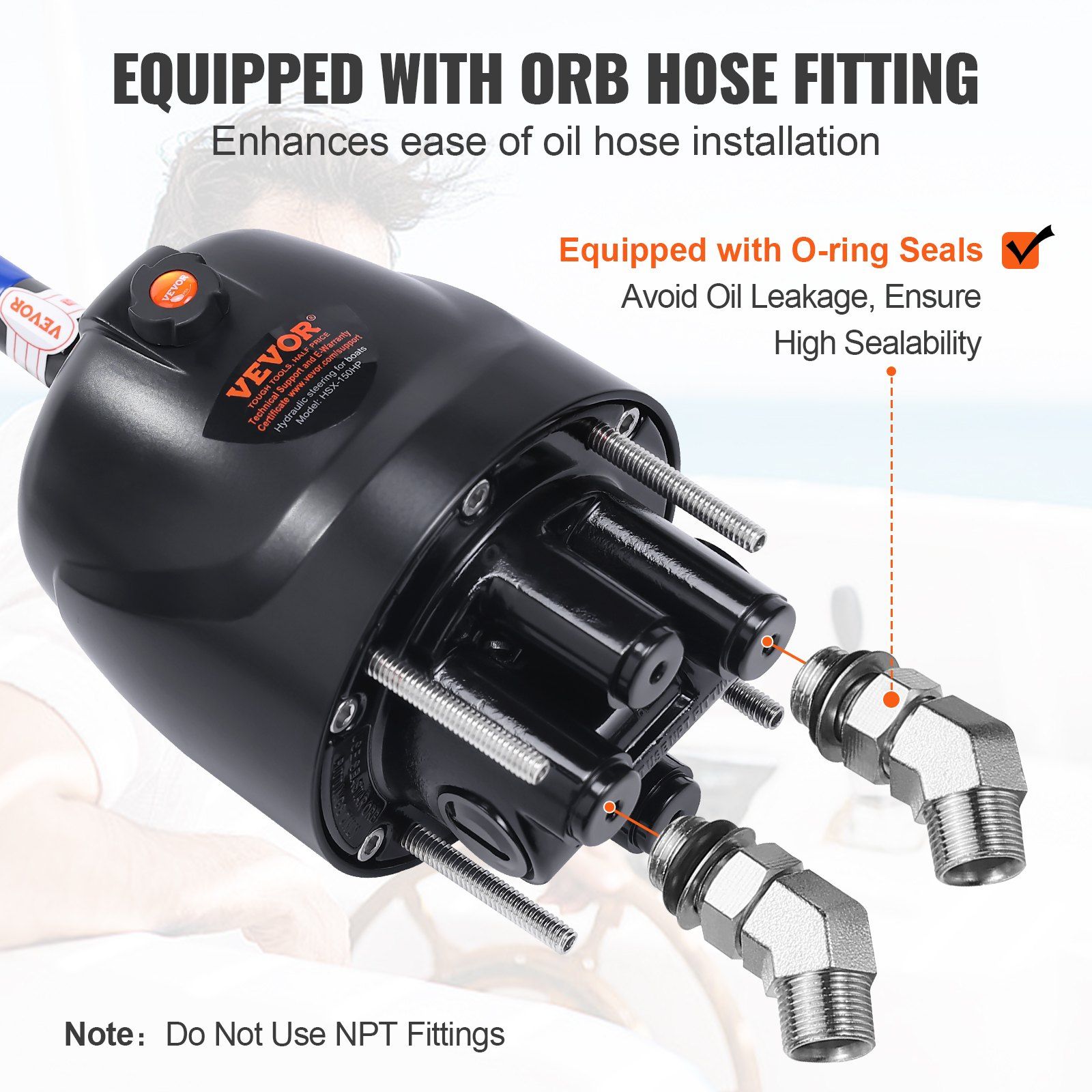 Hydraulic Outboard Steering Pump, 1.4 Cubic Inches, 150HP Front Mount Hydraulic Helm Pump with Two-Way Lock Cylinder Stainless Steel ORB Fittings, for Single Station Single-Engine Boats - Image 4