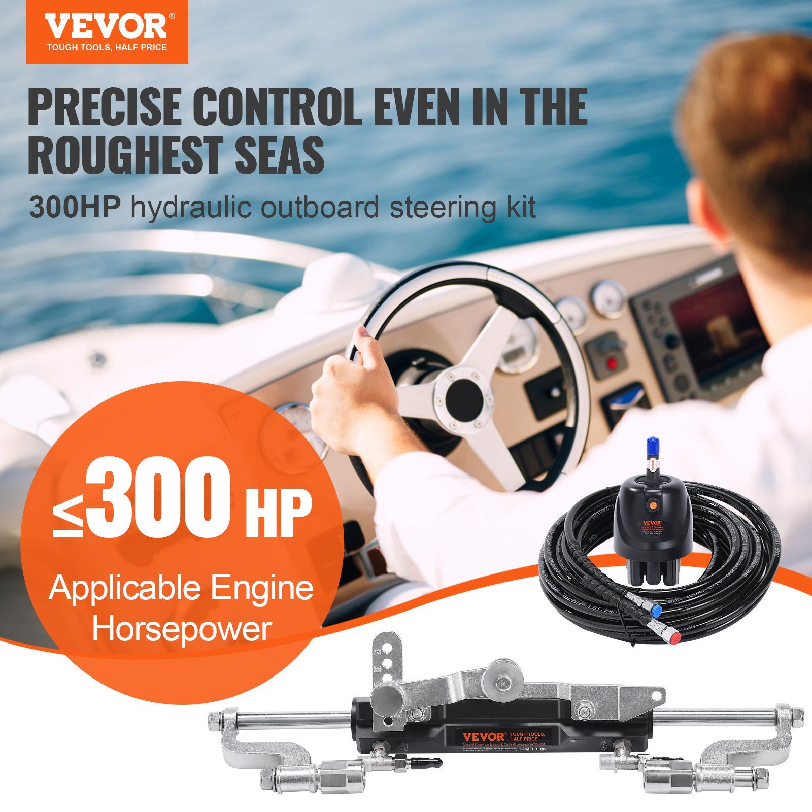 Hydraulic Outboard Steering Kit, 300HP, Marine Boat Hydraulic Steering System, with Helm Pump Two-Way Lock Cylinder and 26 Feet Hydraulic Steering Hose, for Single Station Single-Engine Boats - Image 2