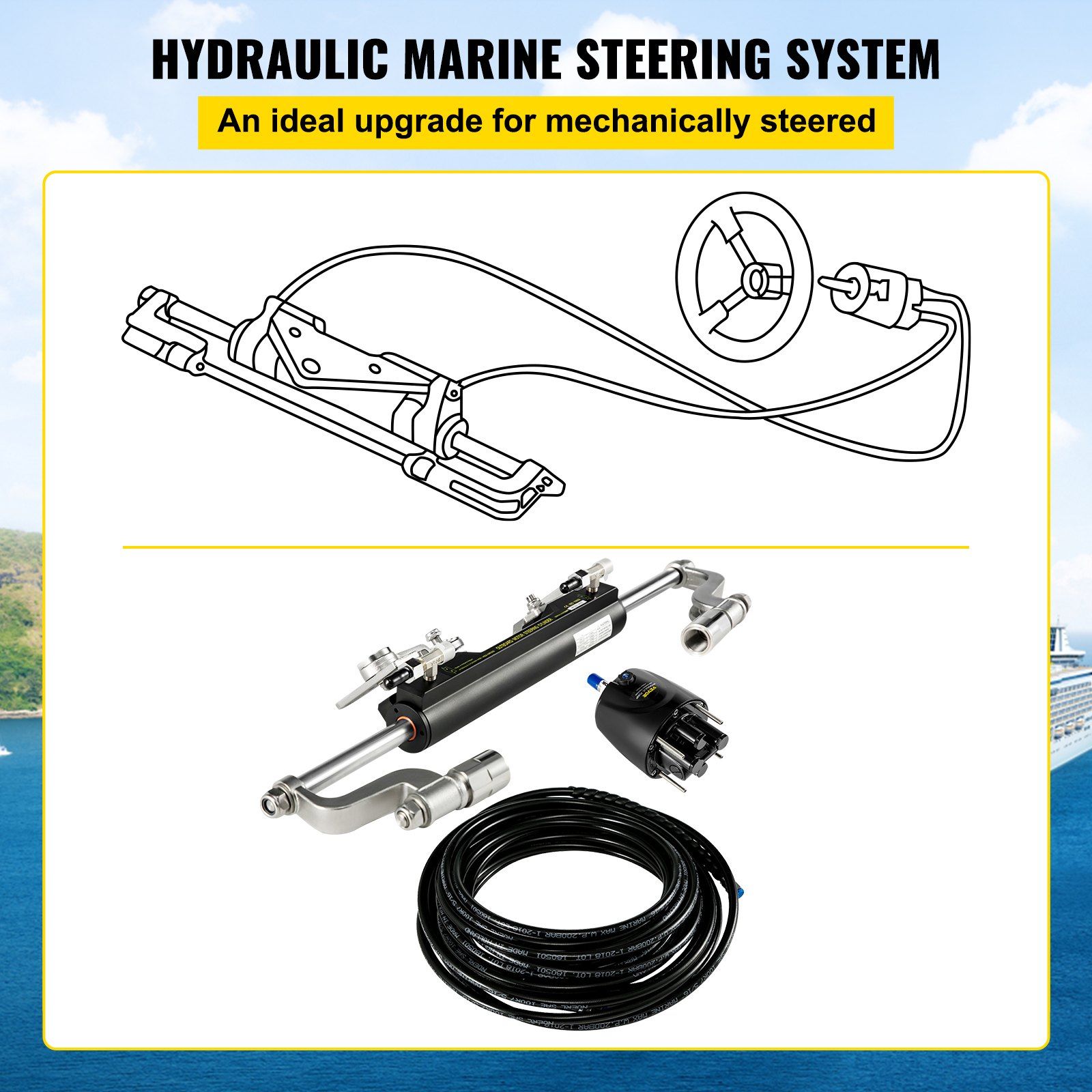Hydraulic Steering Kit 300HP Hydraulic Steering Compact Cylinder Hydraulic Outboard Steering Kit with Helm Pump for Boat Marine Steering System - Image 3