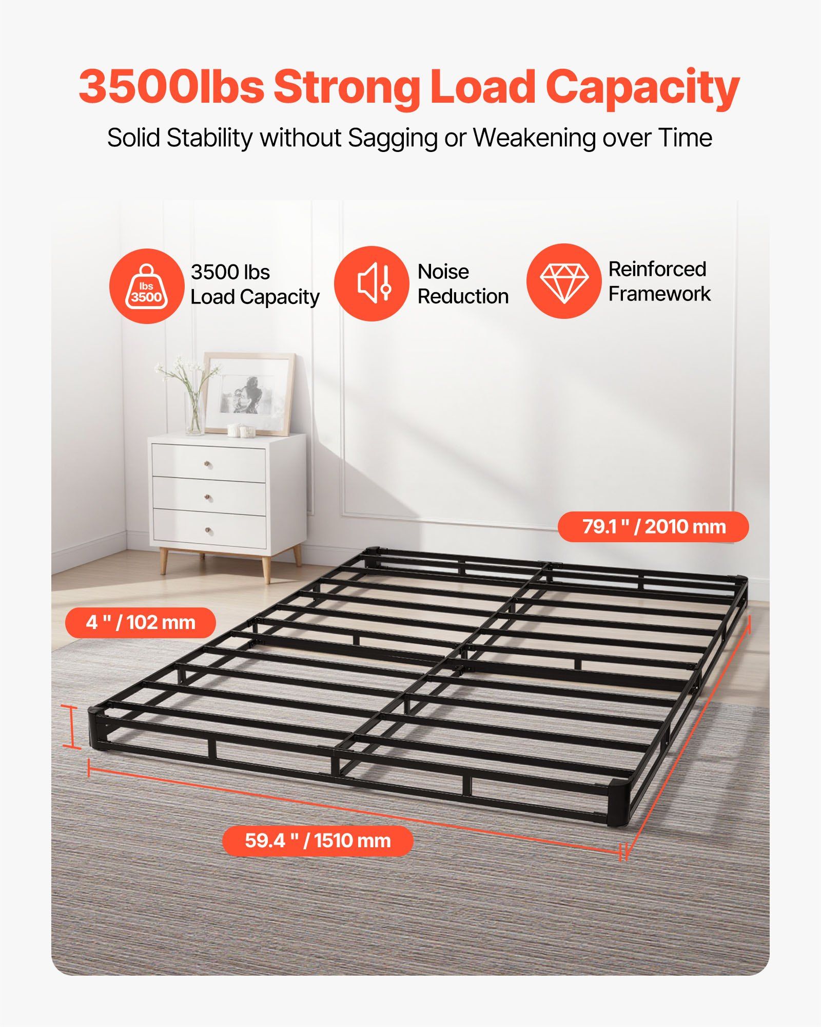 Box Spring, Queen Size Bed Frame with Washable Fabric Cloth, Heavy Duty Metal Frame for Queen Bed, 102 mm Mattress Foundation, 1587.57 kg Max Weight Capacity, Easy Assembly, 2010 x 1510 x 102 mm - Image 2
