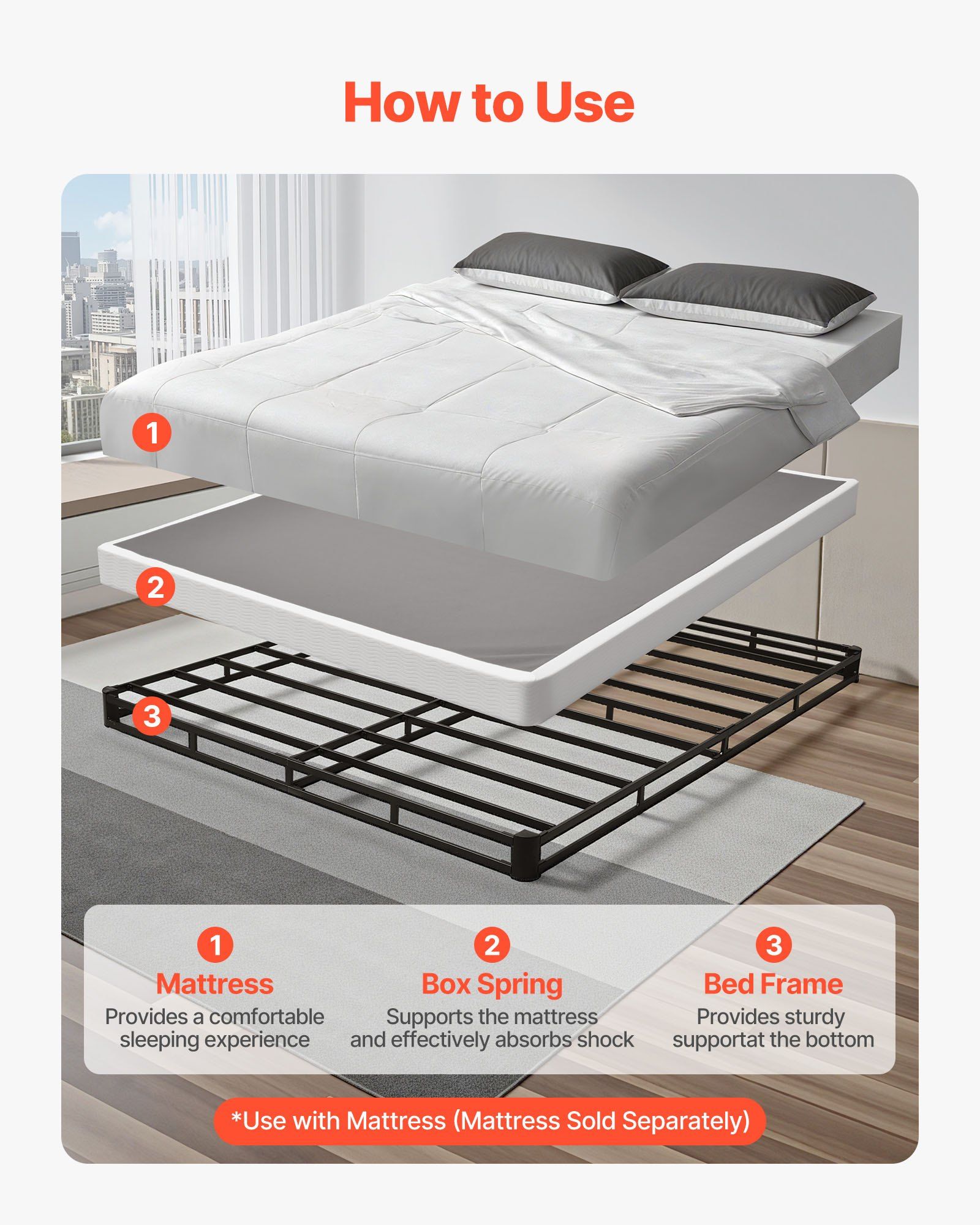 Box Spring, Queen Size Bed Frame with Washable Fabric Cloth, Heavy Duty Metal Frame for Queen Bed, 102 mm Mattress Foundation, 1587.57 kg Max Weight Capacity, Easy Assembly, 2010 x 1510 x 102 mm - Image 3