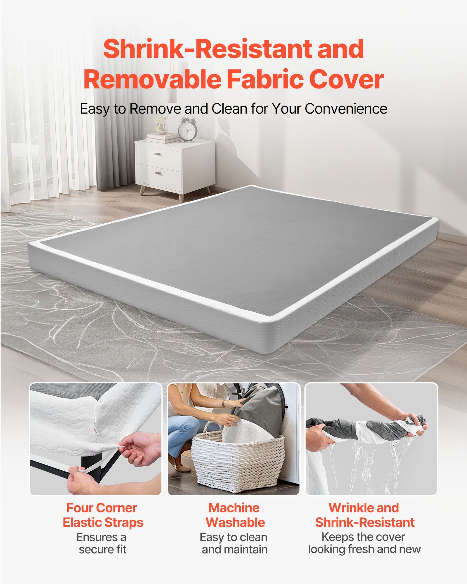 Box Spring, Queen Size Bed Frame with Washable Fabric Cloth, Heavy Duty Metal Frame for Queen Bed, 102 mm Mattress Foundation, 1587.57 kg Max Weight Capacity, Easy Assembly, 2010 x 1510 x 102 mm - Image 4