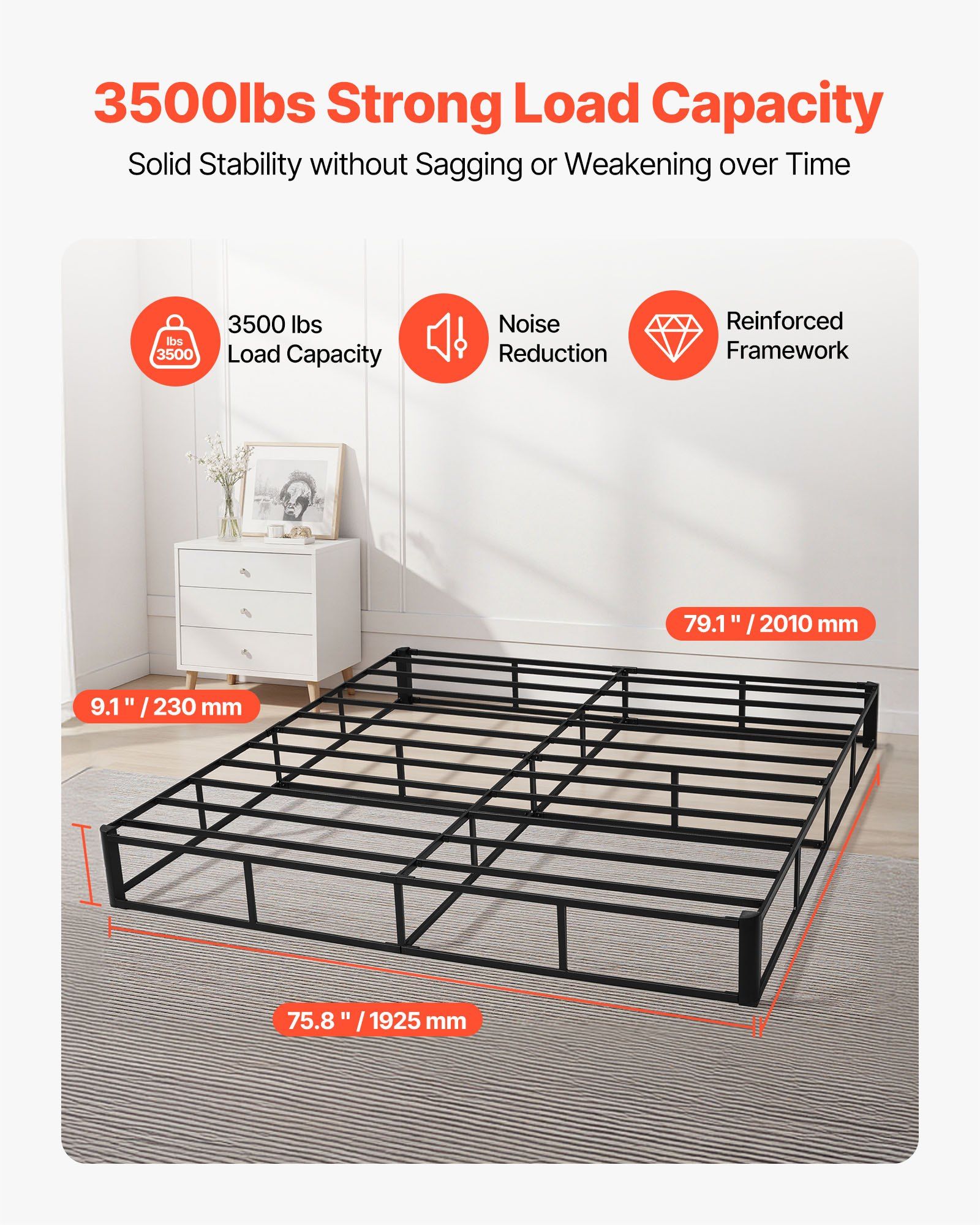 Box Spring, King Size Bed Frame with Washable Fabric Cloth, Heavy Duty Metal Frame for King Bed, 230 mm Mattress Foundation, 1587.57 kg Max Weight Capacity, Easy Assembly, 2010 x 1925 x 230 mm - Image 2