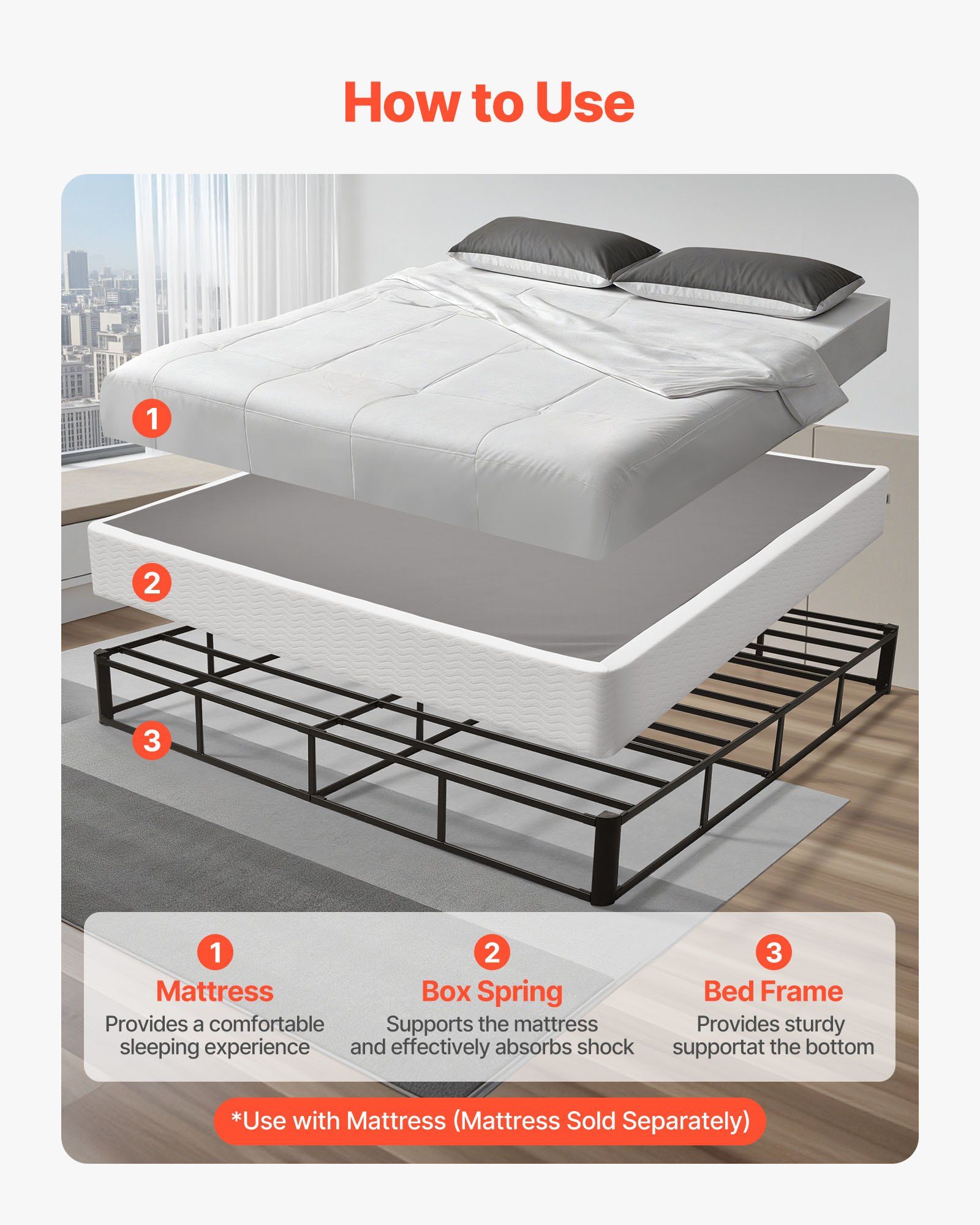 Box Spring, King Size Bed Frame with Washable Fabric Cloth, Heavy Duty Metal Frame for King Bed, 230 mm Mattress Foundation, 1587.57 kg Max Weight Capacity, Easy Assembly, 2010 x 1925 x 230 mm - Image 3