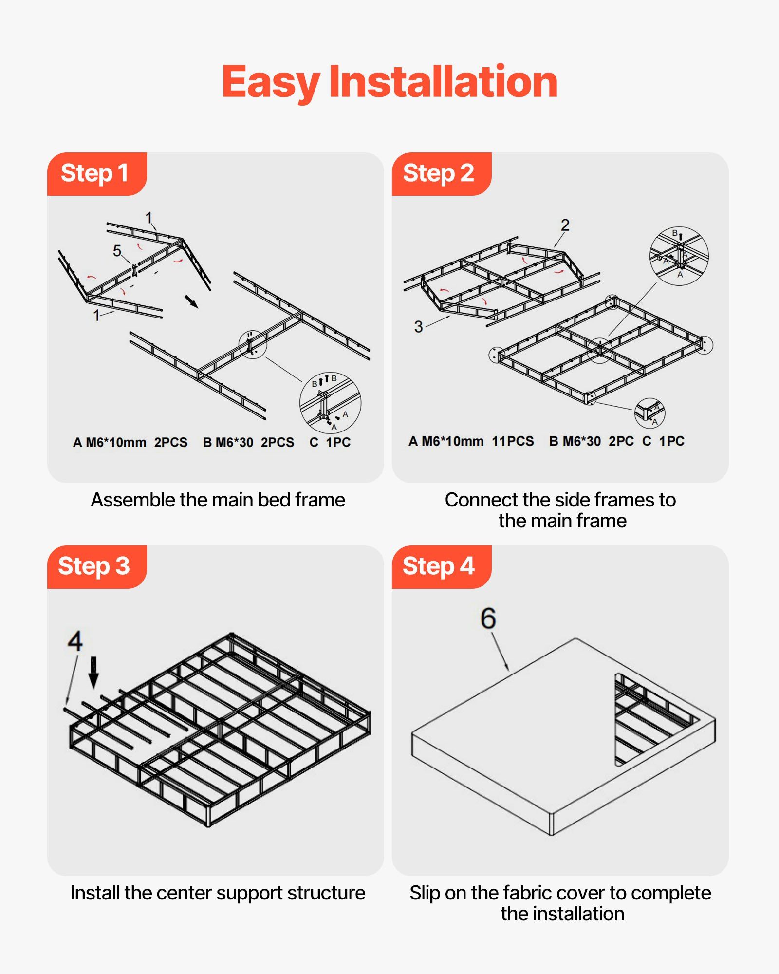 Box Spring, King Size Bed Frame with Washable Fabric Cloth, Heavy Duty Metal Frame for King Bed, 230 mm Mattress Foundation, 1587.57 kg Max Weight Capacity, Easy Assembly, 2010 x 1925 x 230 mm - Image 6