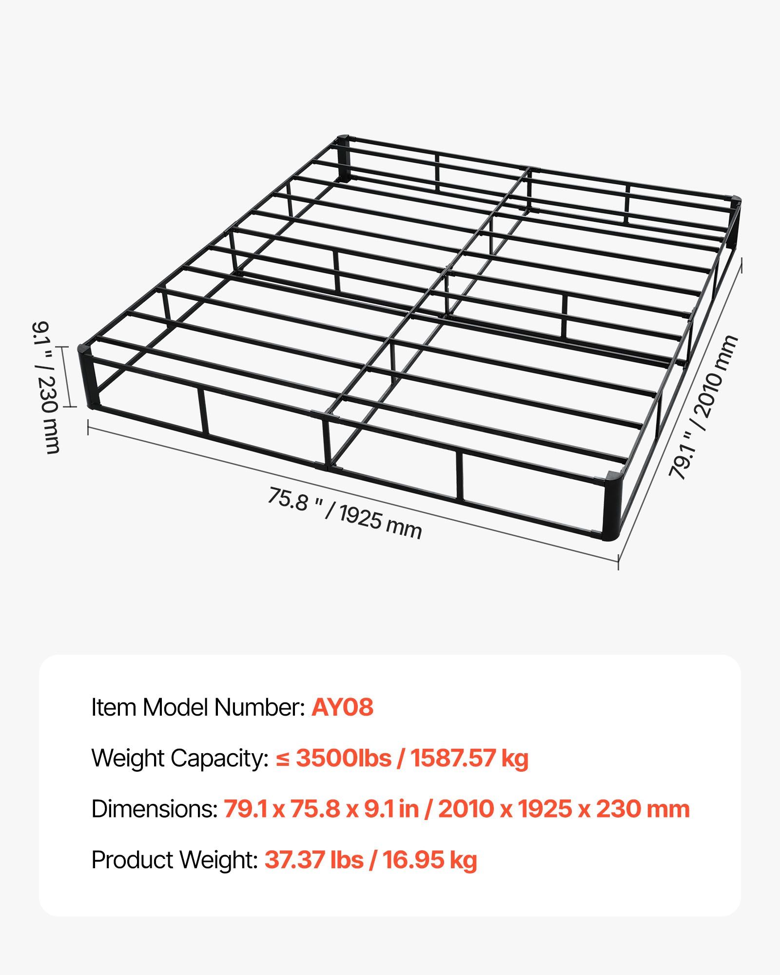 Box Spring, King Size Bed Frame with Washable Fabric Cloth, Heavy Duty Metal Frame for King Bed, 230 mm Mattress Foundation, 1587.57 kg Max Weight Capacity, Easy Assembly, 2010 x 1925 x 230 mm - Image 7