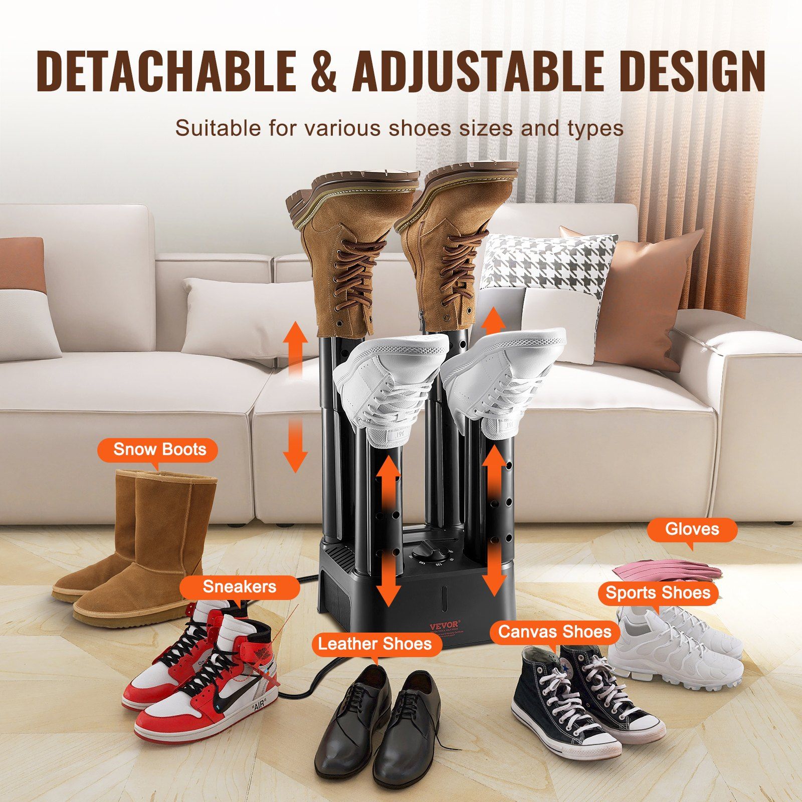 Detachable 4 Tubes Shoe Dryer, Portable Boot Dryer with Timer, Boot Warmers/Dryer with Heat Blower & ABS+PP for Snow Boots, Leather Shoes, Canvas Shoes, Socks, Black & Orange - Image 6