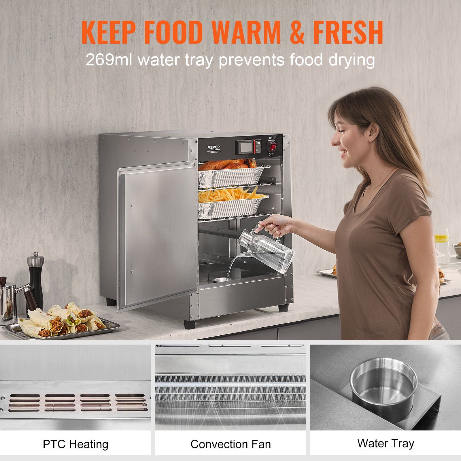 Hot Box Food Warmer, 4-Tier Concession Warmer with Water Tray, 4 Pans, Single-door and Adjustable Shelves, Stainless Steel Food Warmer Cabinet, Ideal for Storing Pizza, Chicken, Restaurant - Image 3