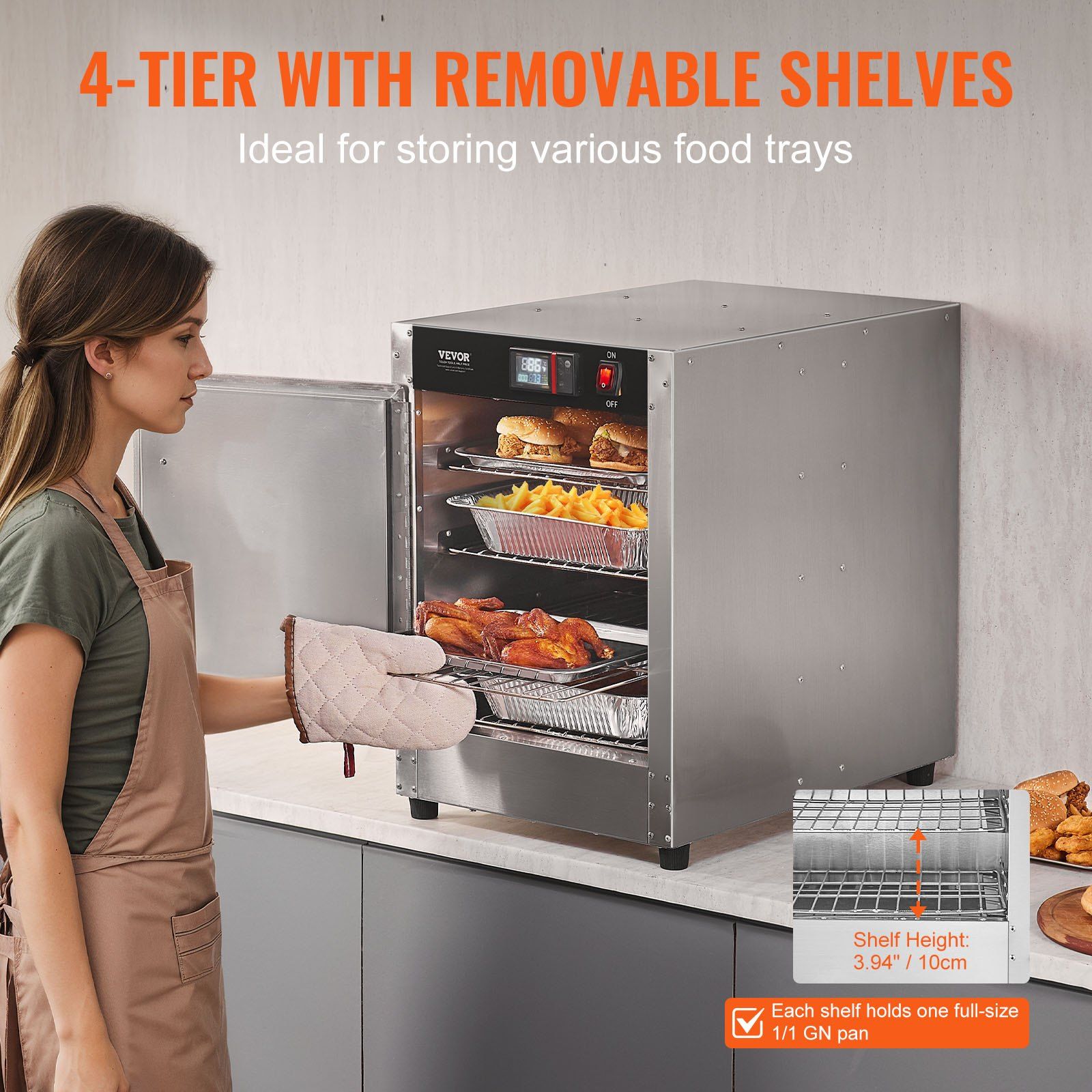 Hot Box Food Warmer, 4-Tier Concession Warmer with Water Tray, 4 Pans, Single-door and Adjustable Shelves, Stainless Steel Food Warmer Cabinet, Ideal for Storing Pizza, Chicken, Restaurant - Image 4