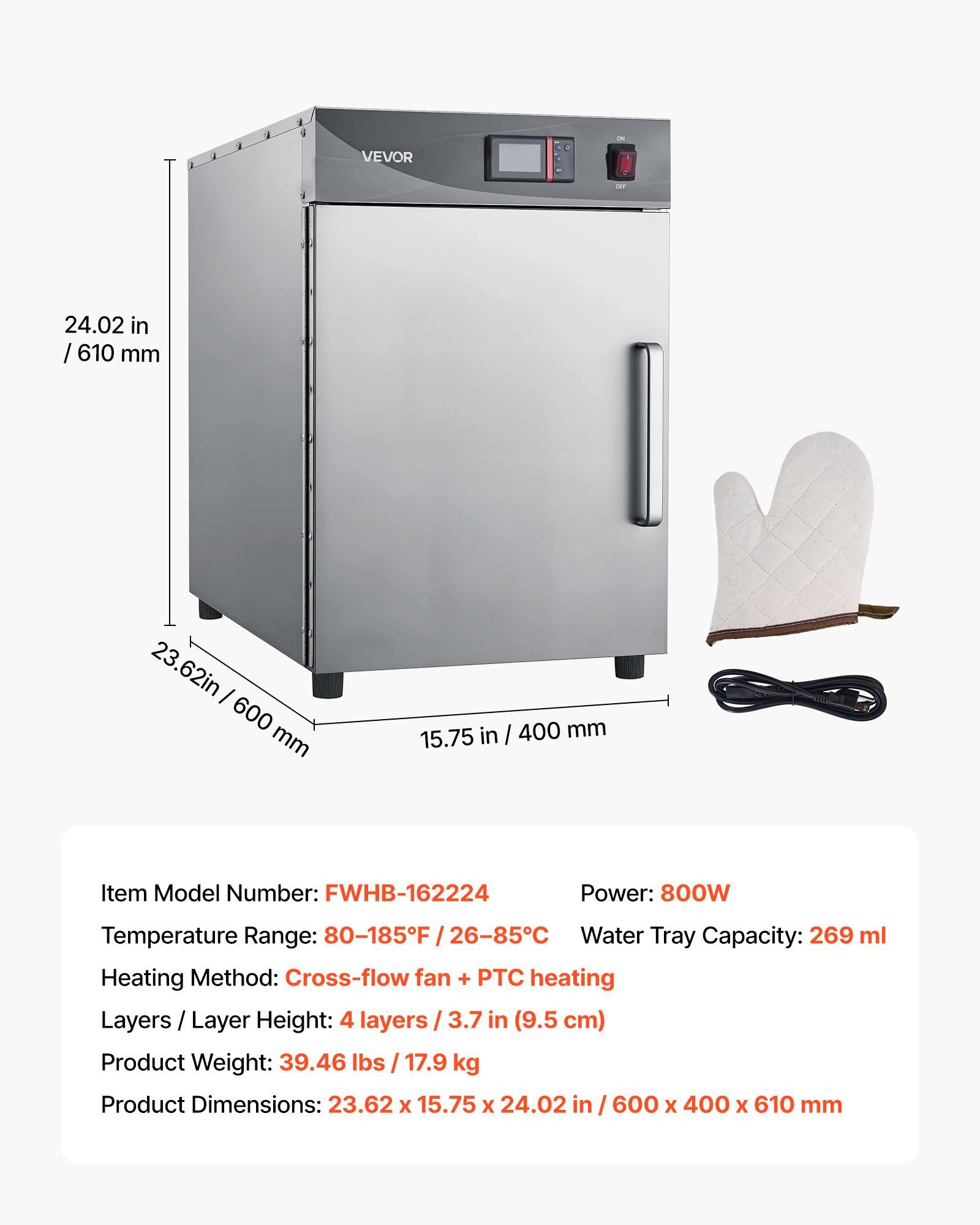Electric Hot Box Food Warmer, 4-Tier Commercial Warming Cabinet with Water Tray, Single-Door and Adjustable Shelves, Stainless Steel Food Warmer Cabinet, for Restaurant, Kitchen, Pizza, Chicken - Image 7