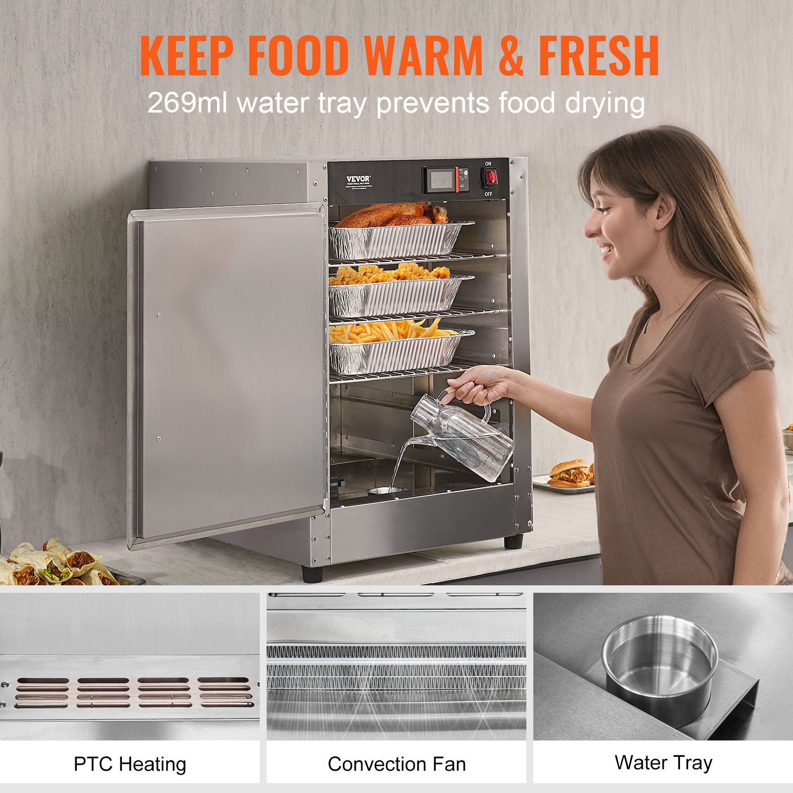 Hot Box Food Warmer, 5-Tier Concession Warmer with Water Tray, 5 Pans, Single-door and Adjustable Shelves, Stainless Steel Food Warmer Cabinet, Ideal for Storing Pizza, Chicken, Restaurant - Image 3