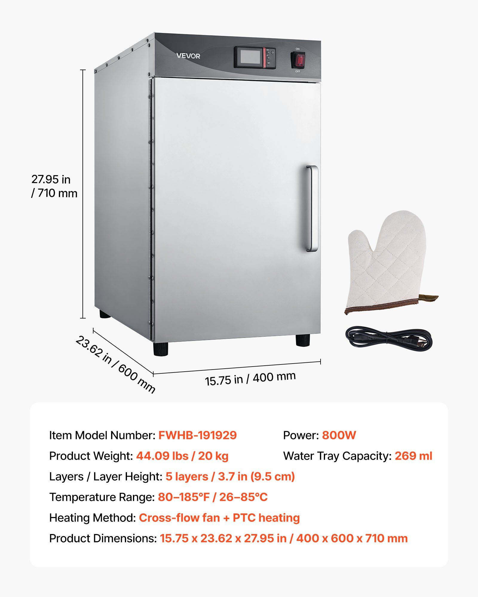 Electric Hot Box Food Warmer, 5-Tier Commercial Warming Cabinet with Water Tray, Single-Door and Adjustable Shelves, Stainless Steel Food Warmer Cabinet, for Restaurant, Kitchen, Pizza, Chicken - Image 7