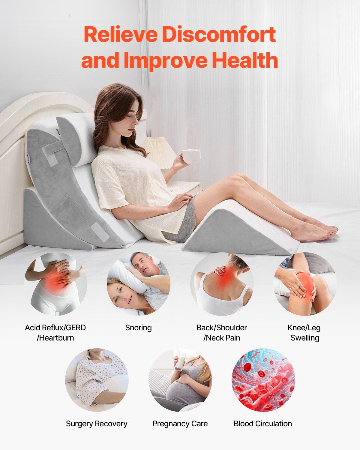 Wedge Pillow for Sleeping, 4 Pcs Adjustable Orthopedic Bed Wedge Set, Support Leg Neck Shoulder, Post Surgery Pillow for Back Pain, Acid Reflux, Snoring Relief, Sitting up in Bed, White/Grey - Image 4