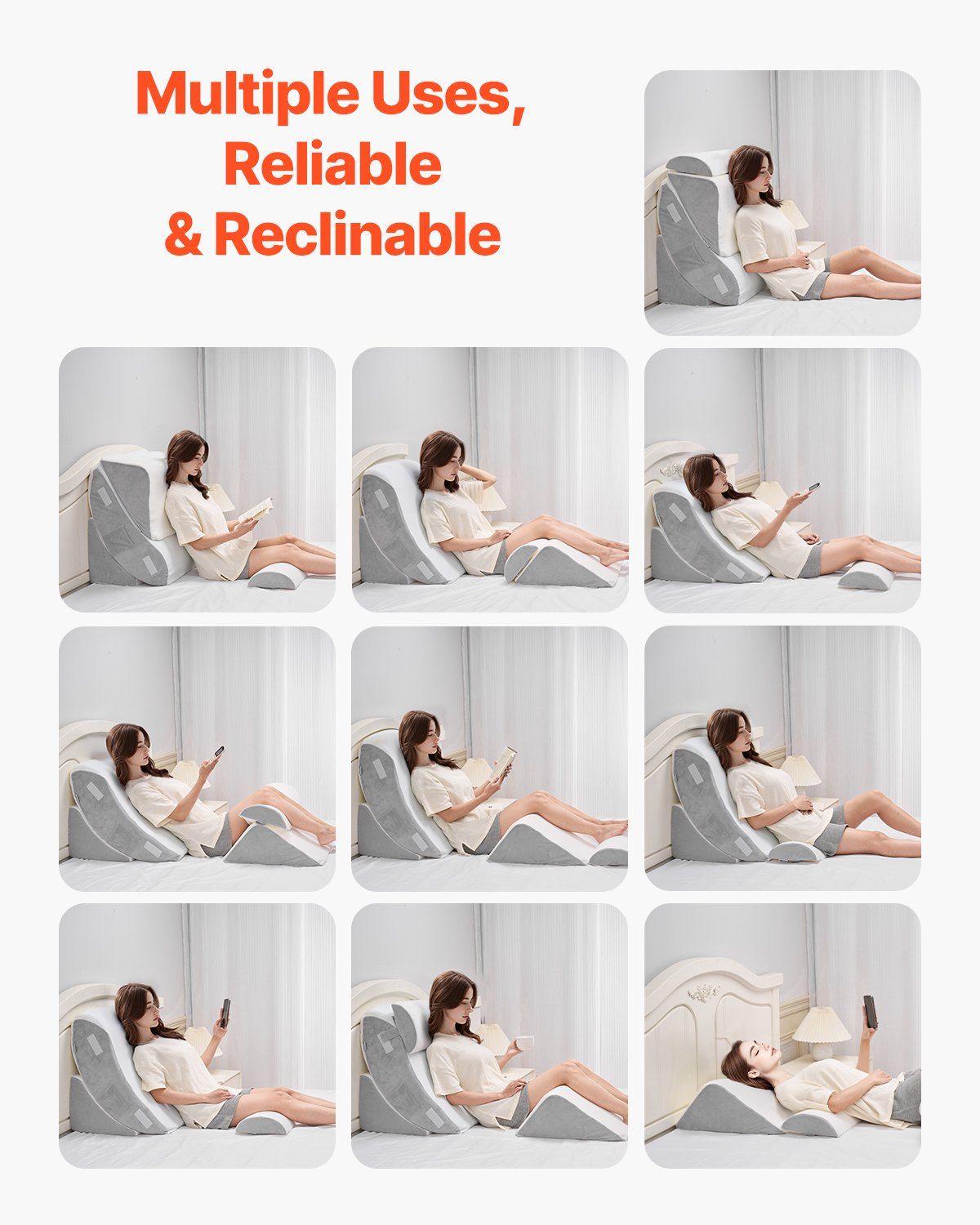 Wedge Pillow for Sleeping, 4 Pcs Adjustable Orthopedic Bed Wedge Set, Support Leg Neck Shoulder, Post Surgery Pillow for Back Pain, Acid Reflux, Snoring Relief, Sitting up in Bed, White/Grey - Image 5