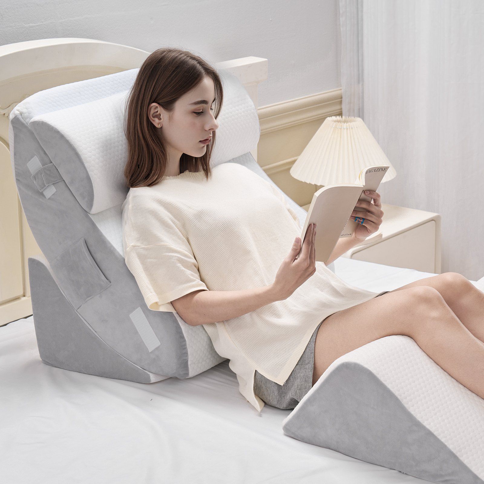 Wedge Pillow for Sleeping, 4 Pcs Adjustable Orthopedic Bed Wedge Set, Support Leg Neck Shoulder, Post Surgery Pillow for Back Pain, Acid Reflux, Snoring Relief, Sitting up in Bed, White/Grey - Image 8