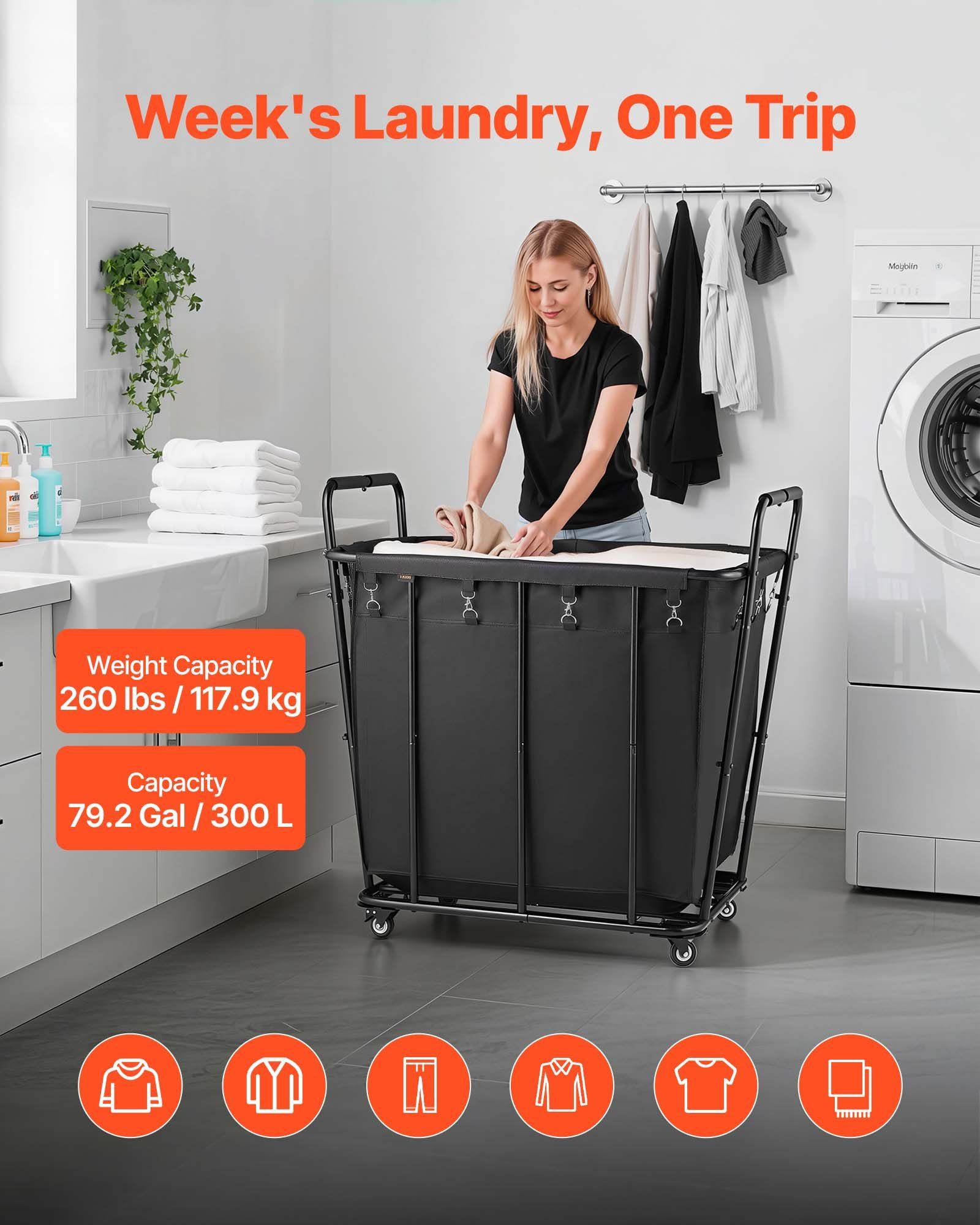 Laundry Cart, Rolling Grocery Utility Cart with Waterproof Liner & Swivel Wheels, 118 KG Large Load Capacity, Heavy Duty Shopping Basket for Laundry, Shopping, Camping, Grocery, Luggage, Black - Image 2