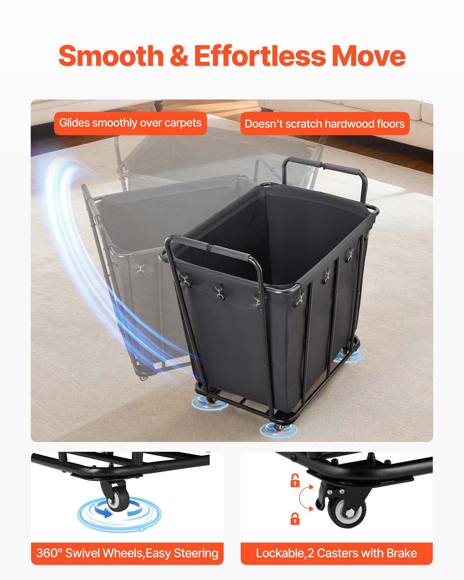 Laundry Cart, Rolling Grocery Utility Cart with Waterproof Liner & Swivel Wheels, 118 KG Large Load Capacity, Heavy Duty Shopping Basket for Laundry, Shopping, Camping, Grocery, Luggage, Black - Image 4