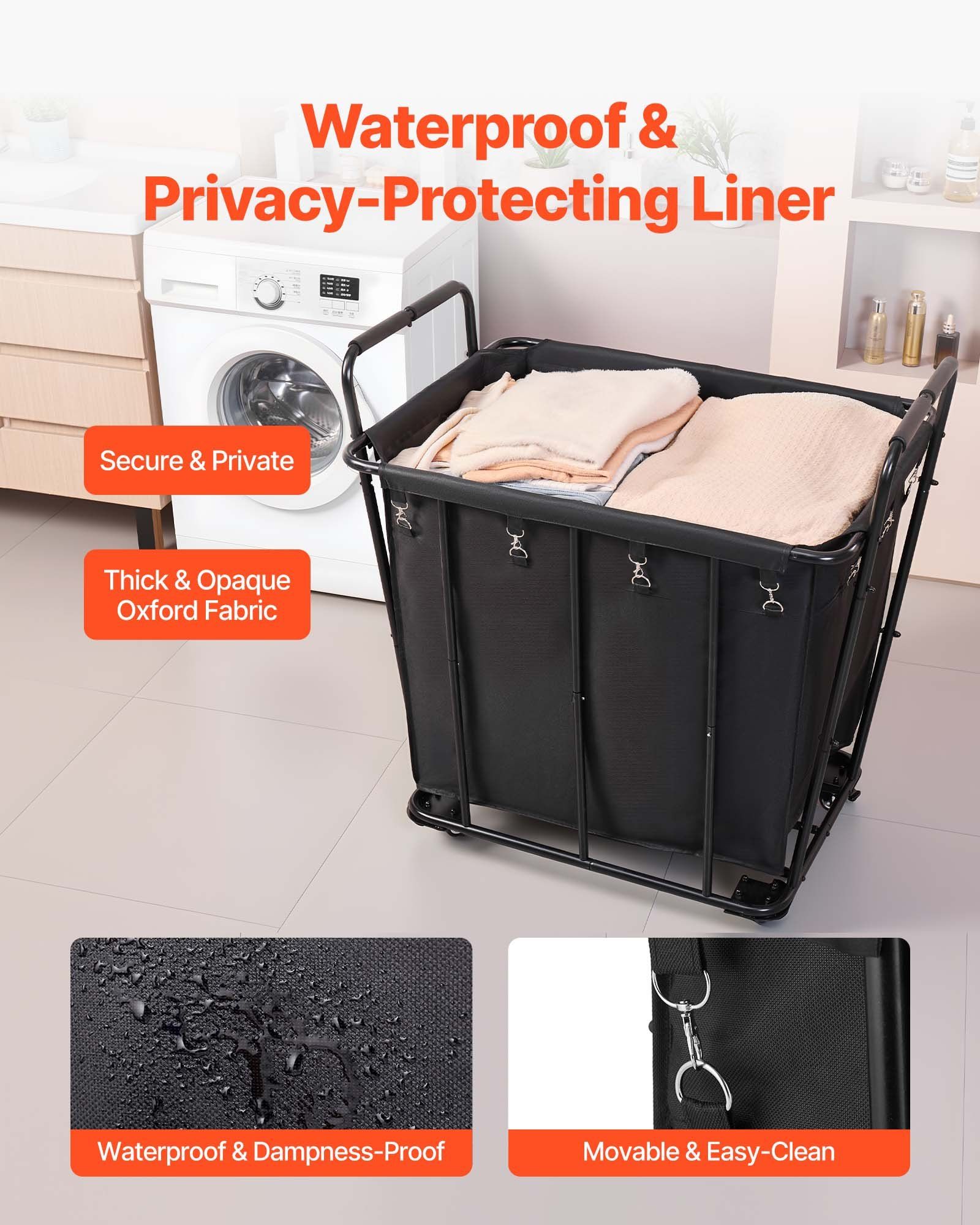 Laundry Cart, Rolling Grocery Utility Cart with Waterproof Liner & Swivel Wheels, 118 KG Large Load Capacity, Heavy Duty Shopping Basket for Laundry, Shopping, Camping, Grocery, Luggage, Black - Image 5