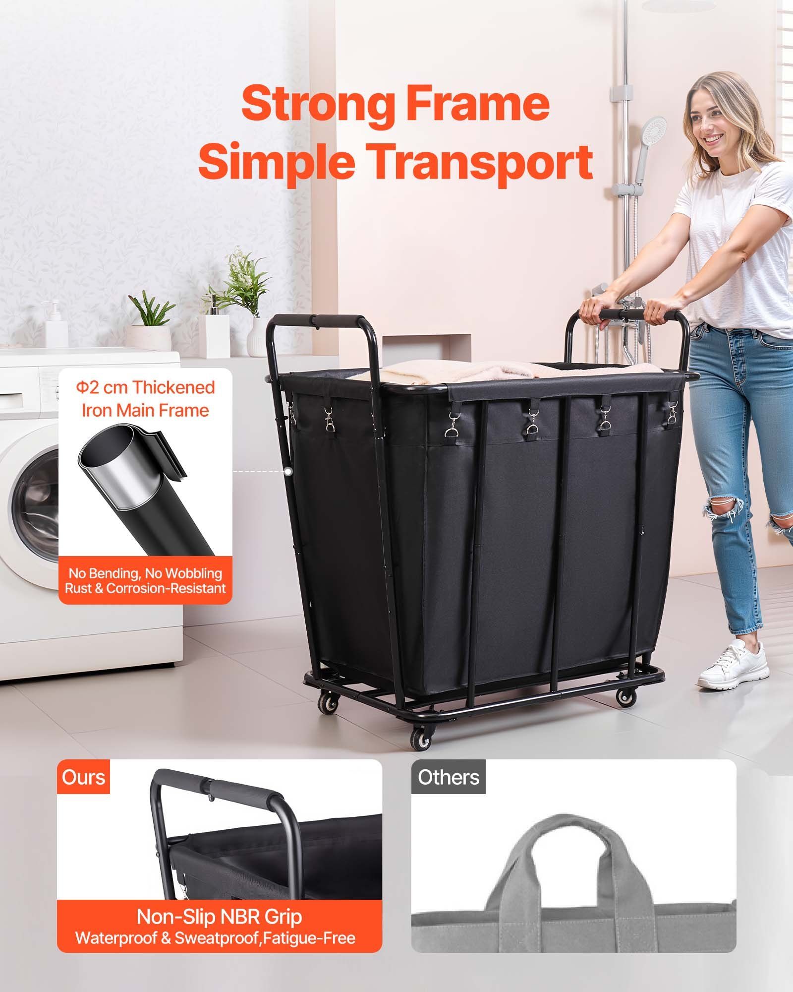 Laundry Cart, Rolling Grocery Utility Cart with Waterproof Liner & Swivel Wheels, 118 KG Large Load Capacity, Heavy Duty Shopping Basket for Laundry, Shopping, Camping, Grocery, Luggage, Black - Image 6