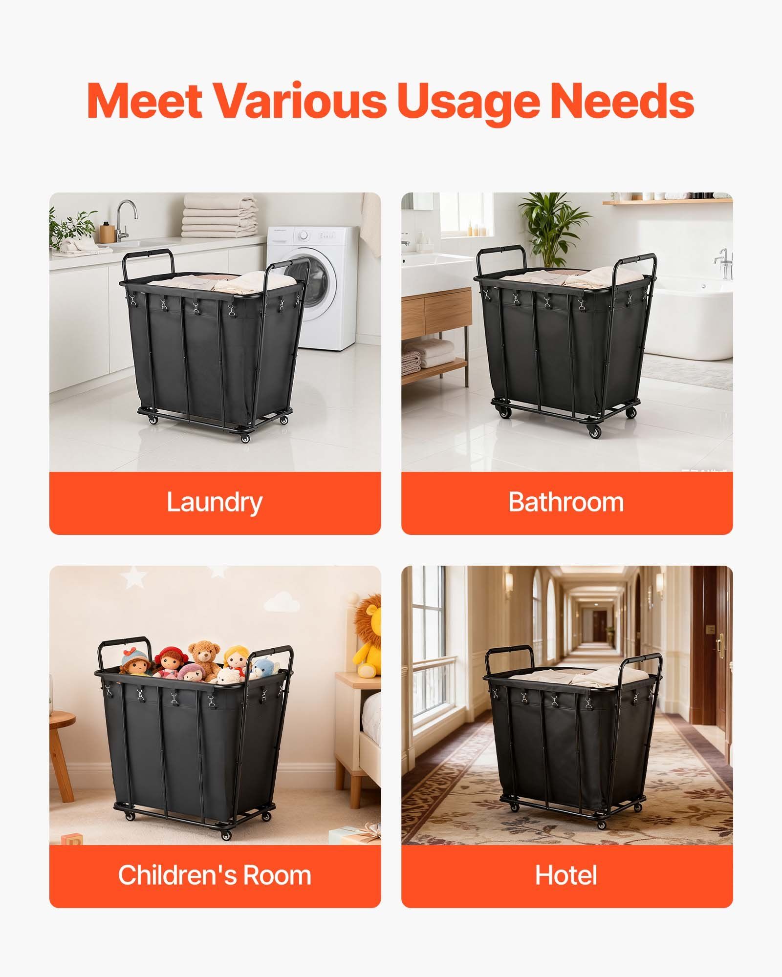 Laundry Cart, Rolling Grocery Utility Cart with Waterproof Liner & Swivel Wheels, 118 KG Large Load Capacity, Heavy Duty Shopping Basket for Laundry, Shopping, Camping, Grocery, Luggage, Black - Image 7