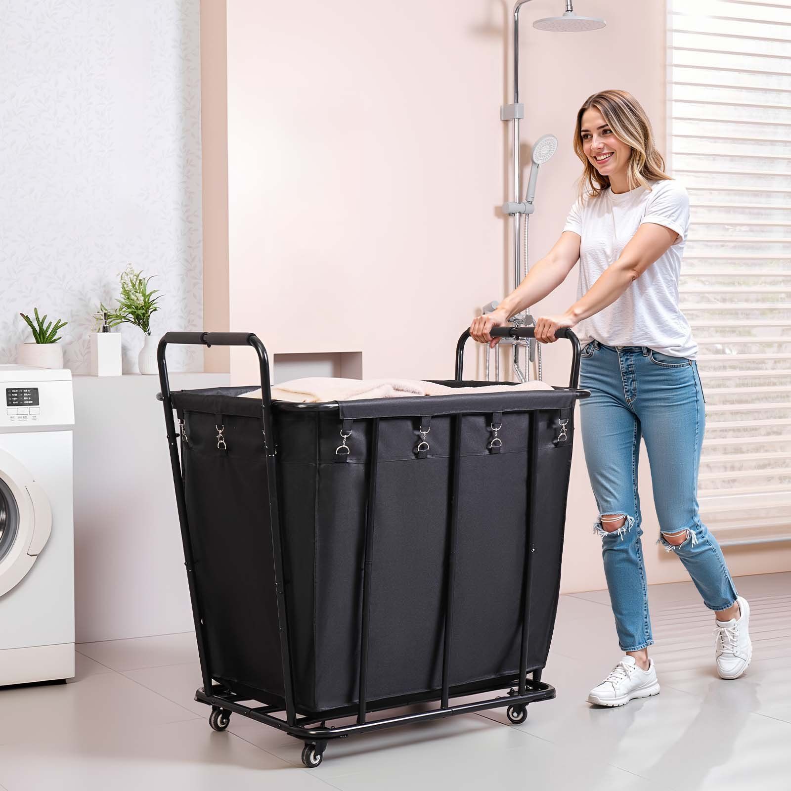 Laundry Cart, Rolling Grocery Utility Cart with Waterproof Liner & Swivel Wheels, 118 KG Large Load Capacity, Heavy Duty Shopping Basket for Laundry, Shopping, Camping, Grocery, Luggage, Black - Image 8