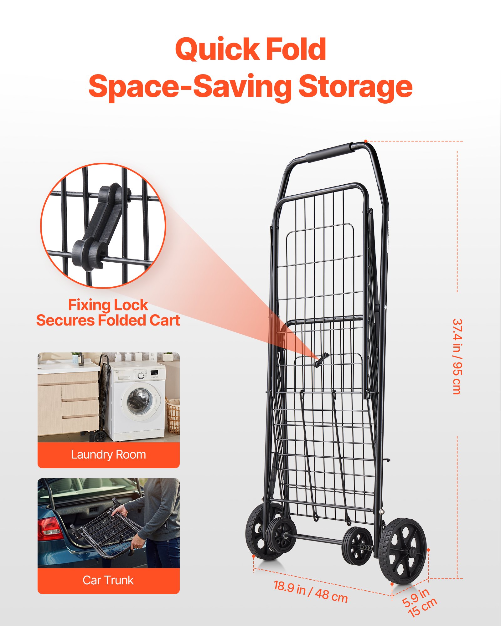 Shopping Cart, Folding Grocery Utility Cart with Swivel Wheels, 40.8 kg Large Load Capacity, Heavy Duty Rolling Laundry Basket Butler for Laundry, Shopping, Camping, Grocery, Luggage, Black - Image 5